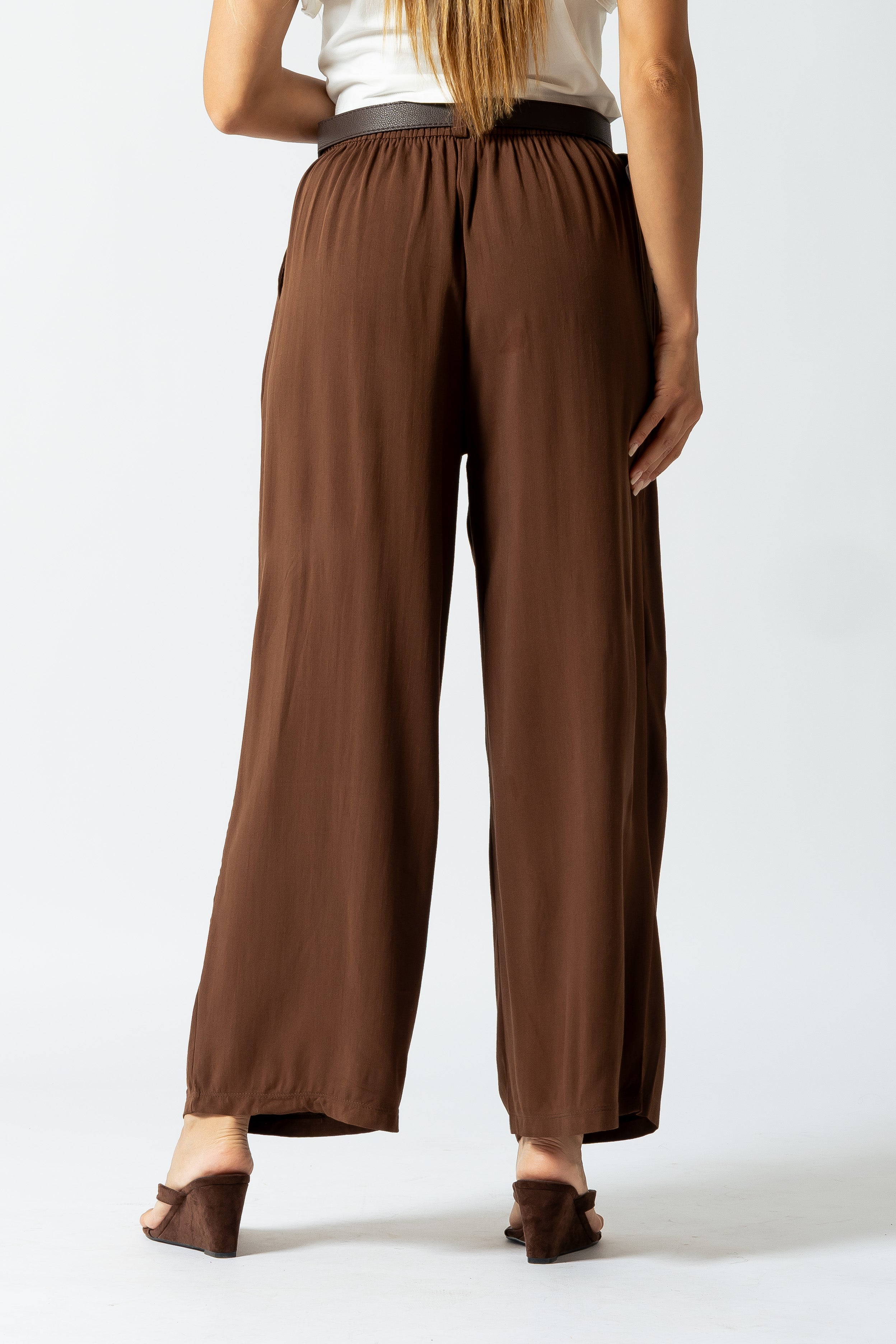 Pantalone effetto lino con cintura|Colore:Caffe