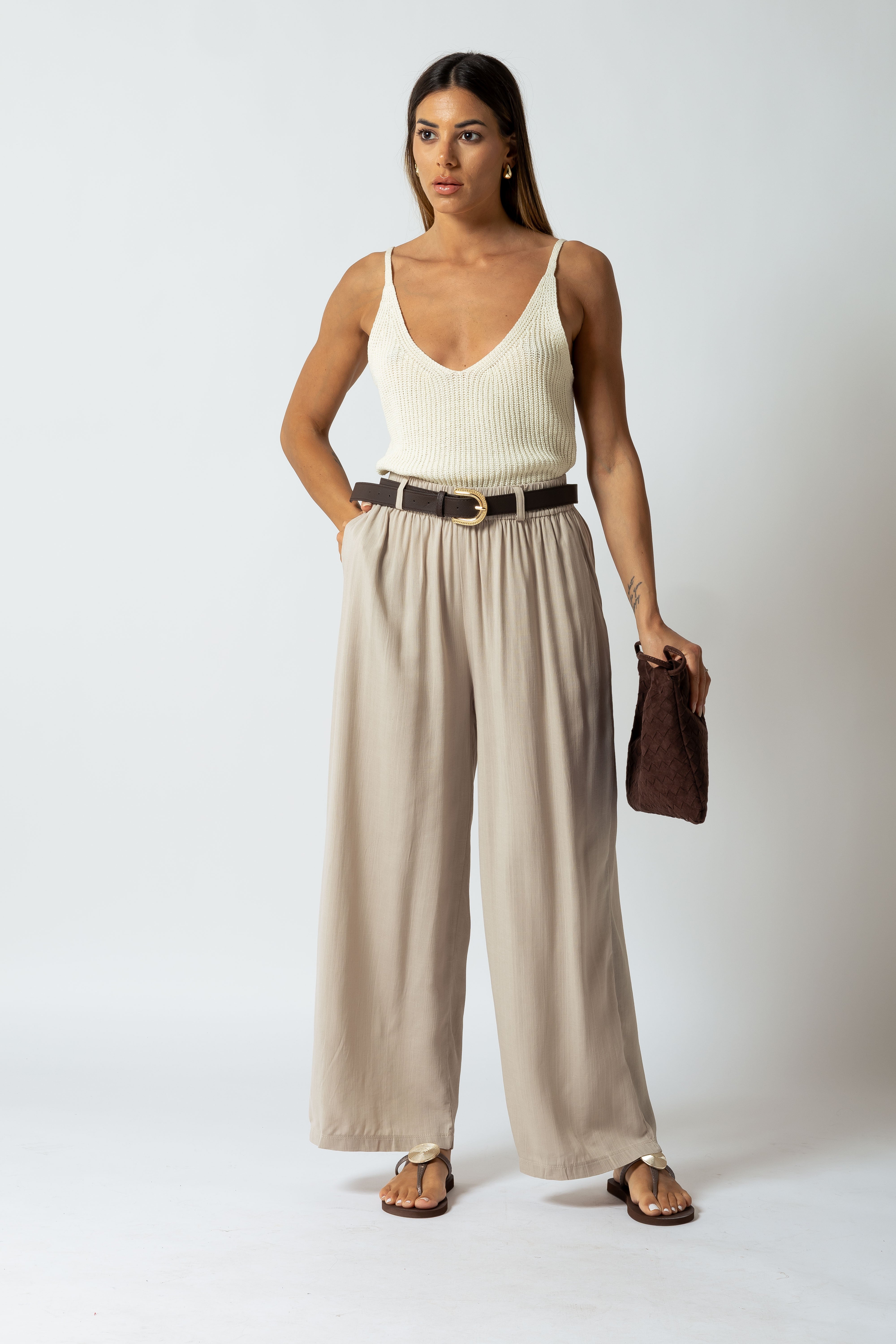 Pantalone effetto lino con cintura|Colore:Beige