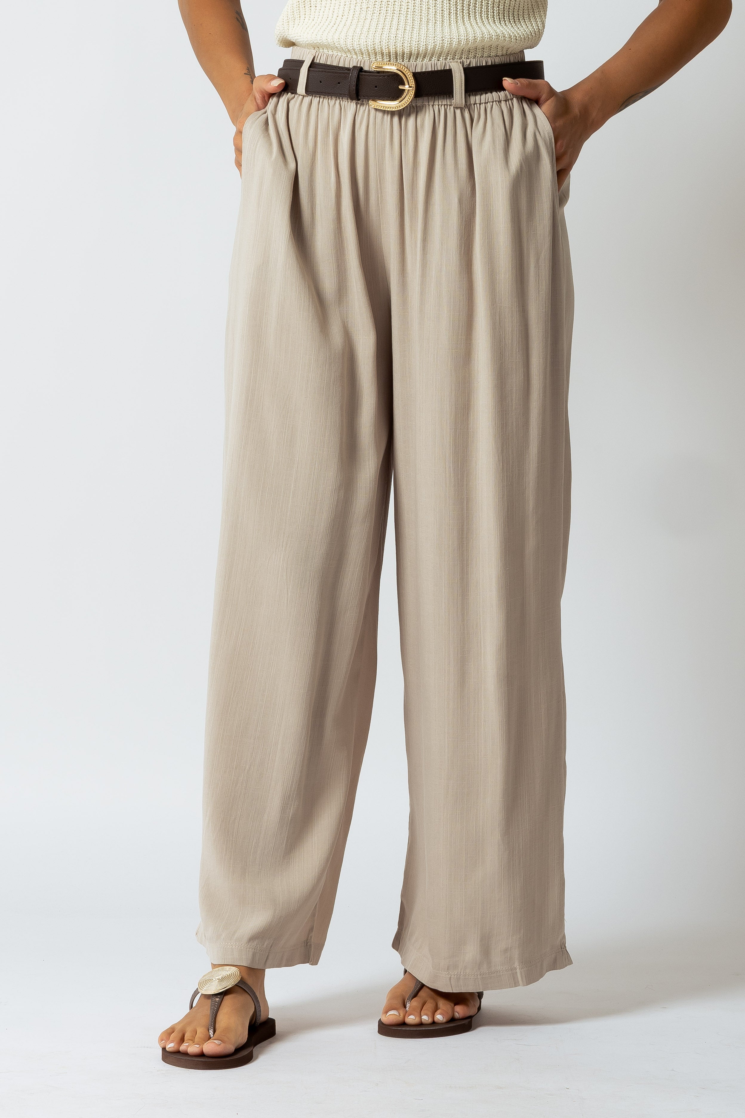 Pantalone effetto lino con cintura|Colore:Beige