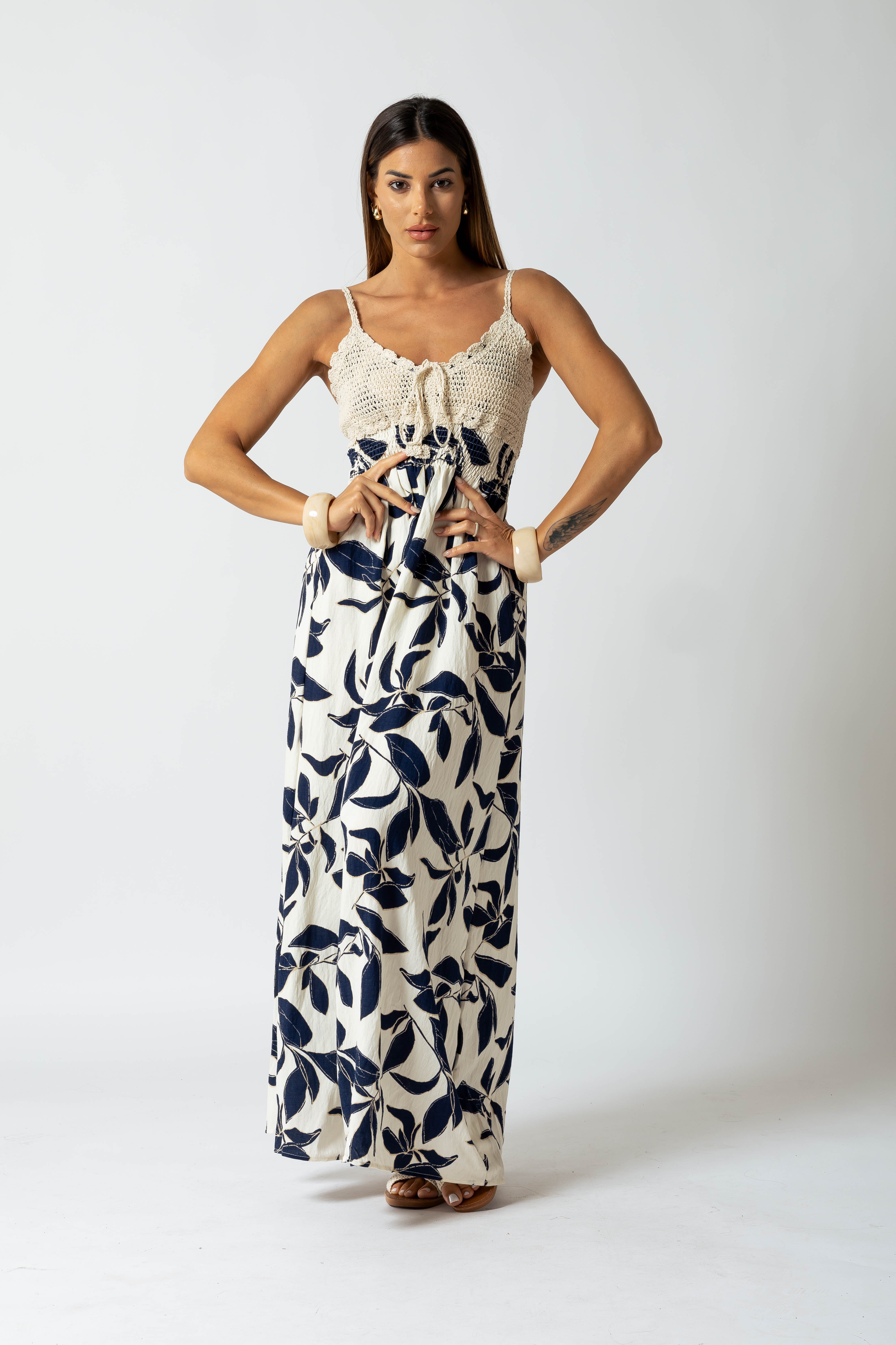Abito crochet con stampa foglie|Colore:Blu