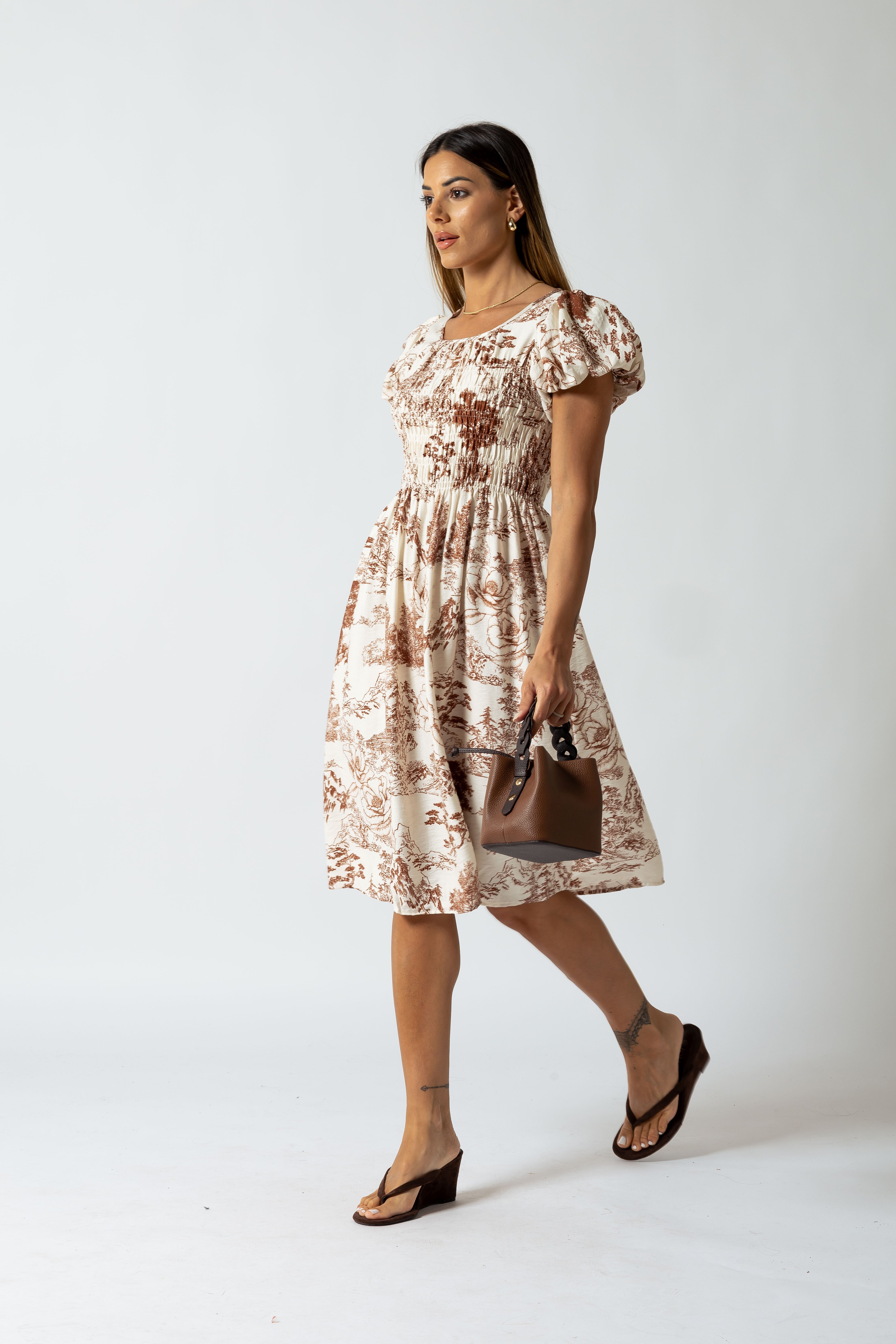 Abito Toile maniche a sbuffo|Colore:Marrone