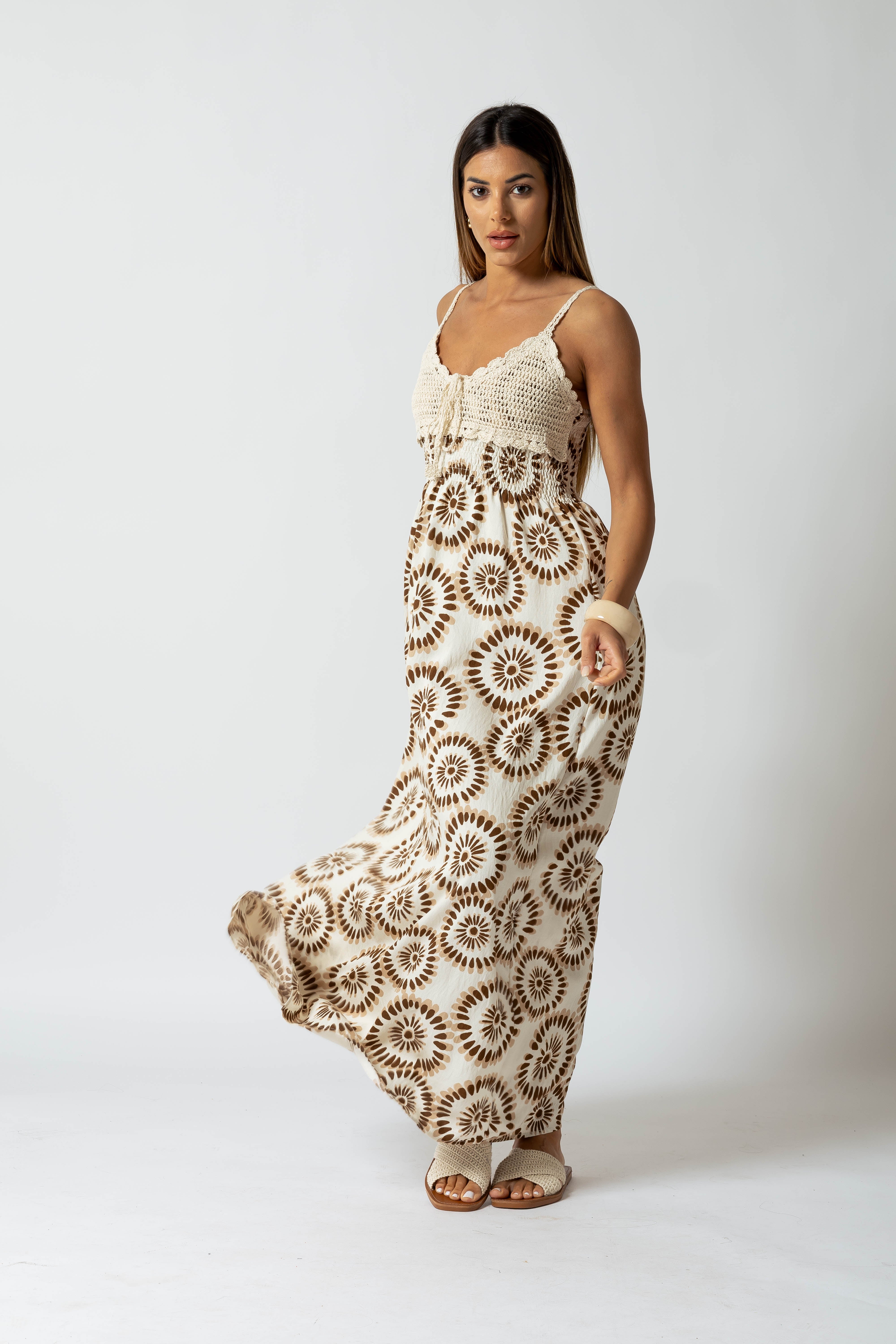 Abito crochet con stampa optical|Colore:Marrone