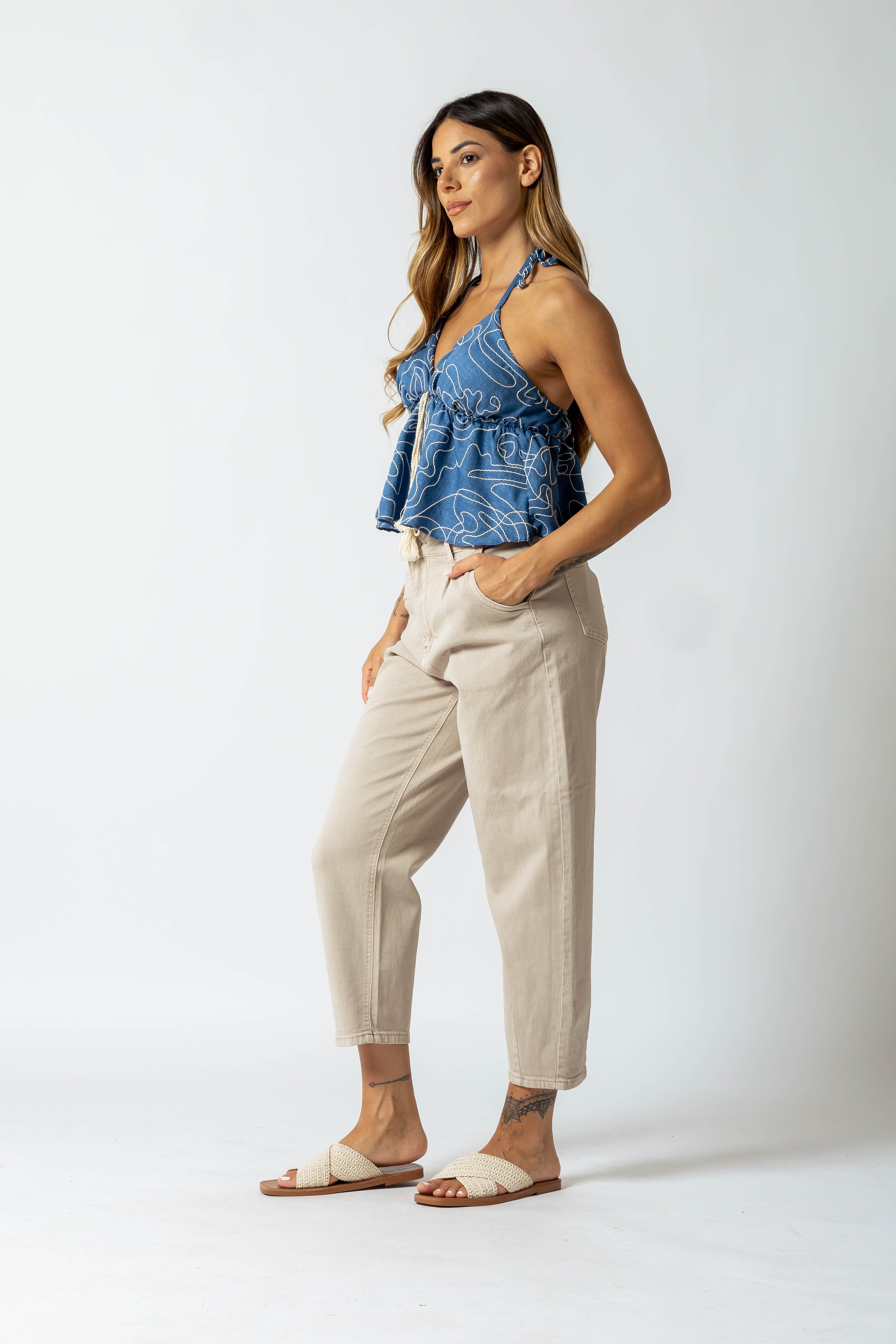 Top stile impero con ricami|Colore:Jeans