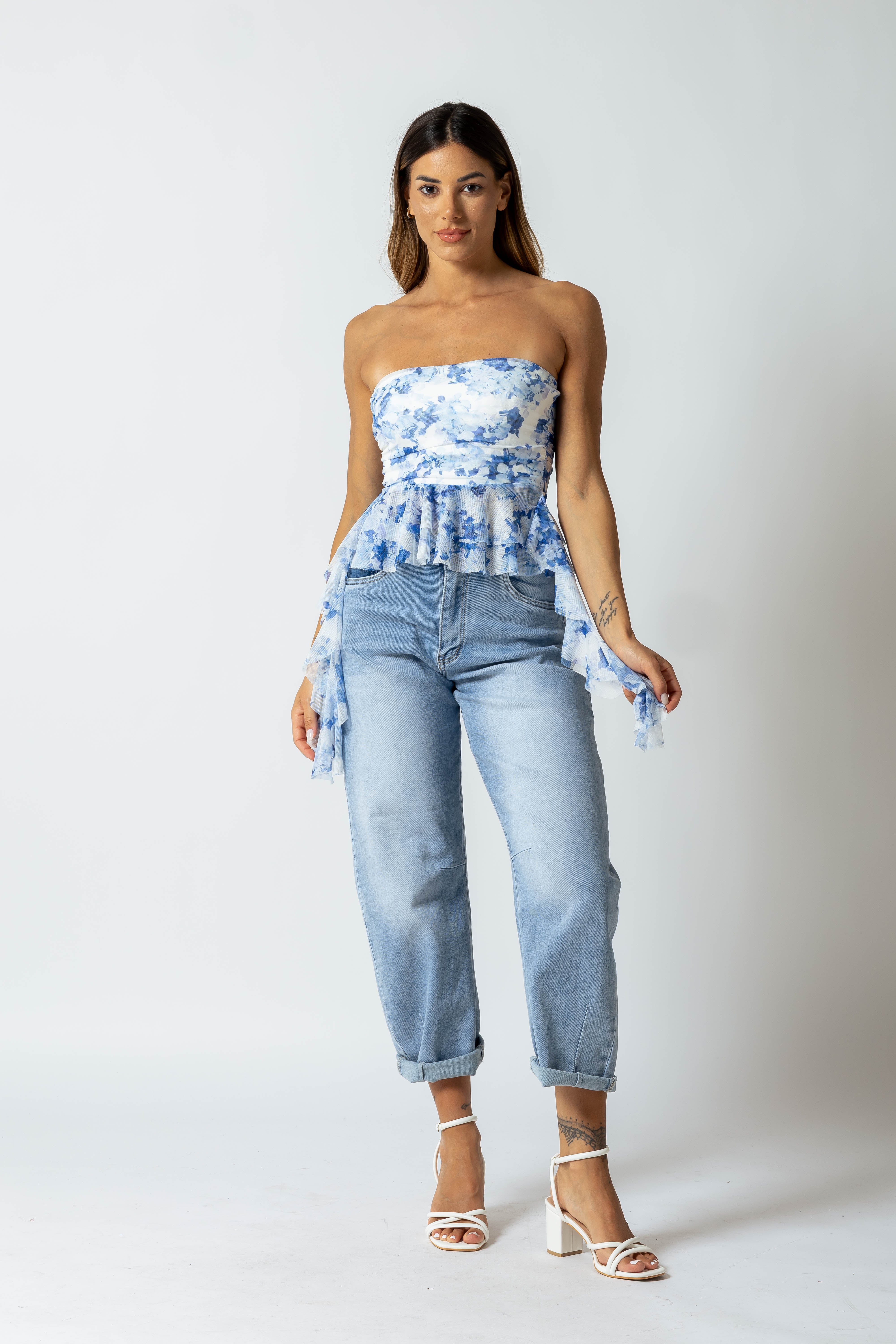 Top a fascia in tulle stampato|Colore:Celeste