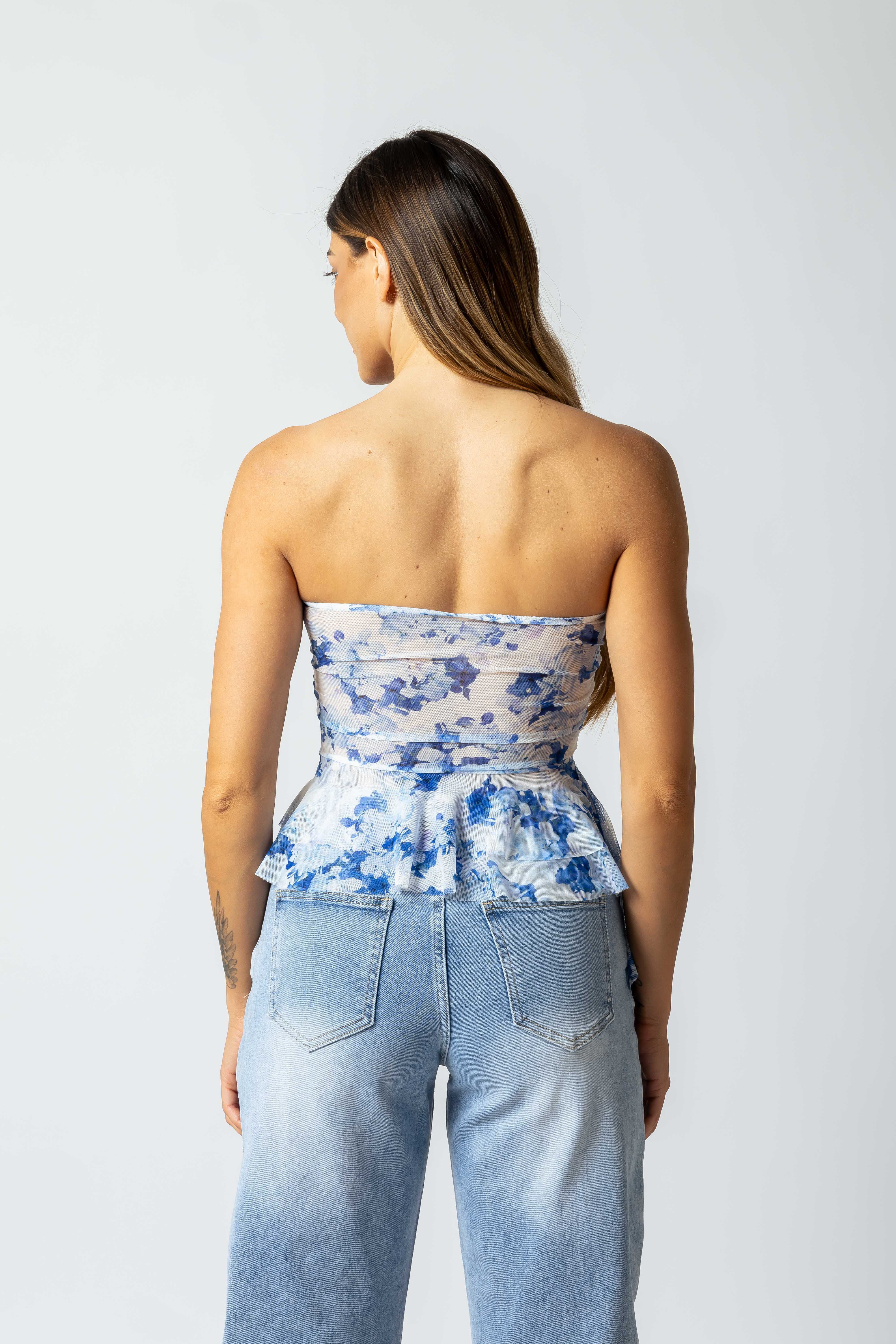 Top a fascia in tulle stampato|Colore:Celeste