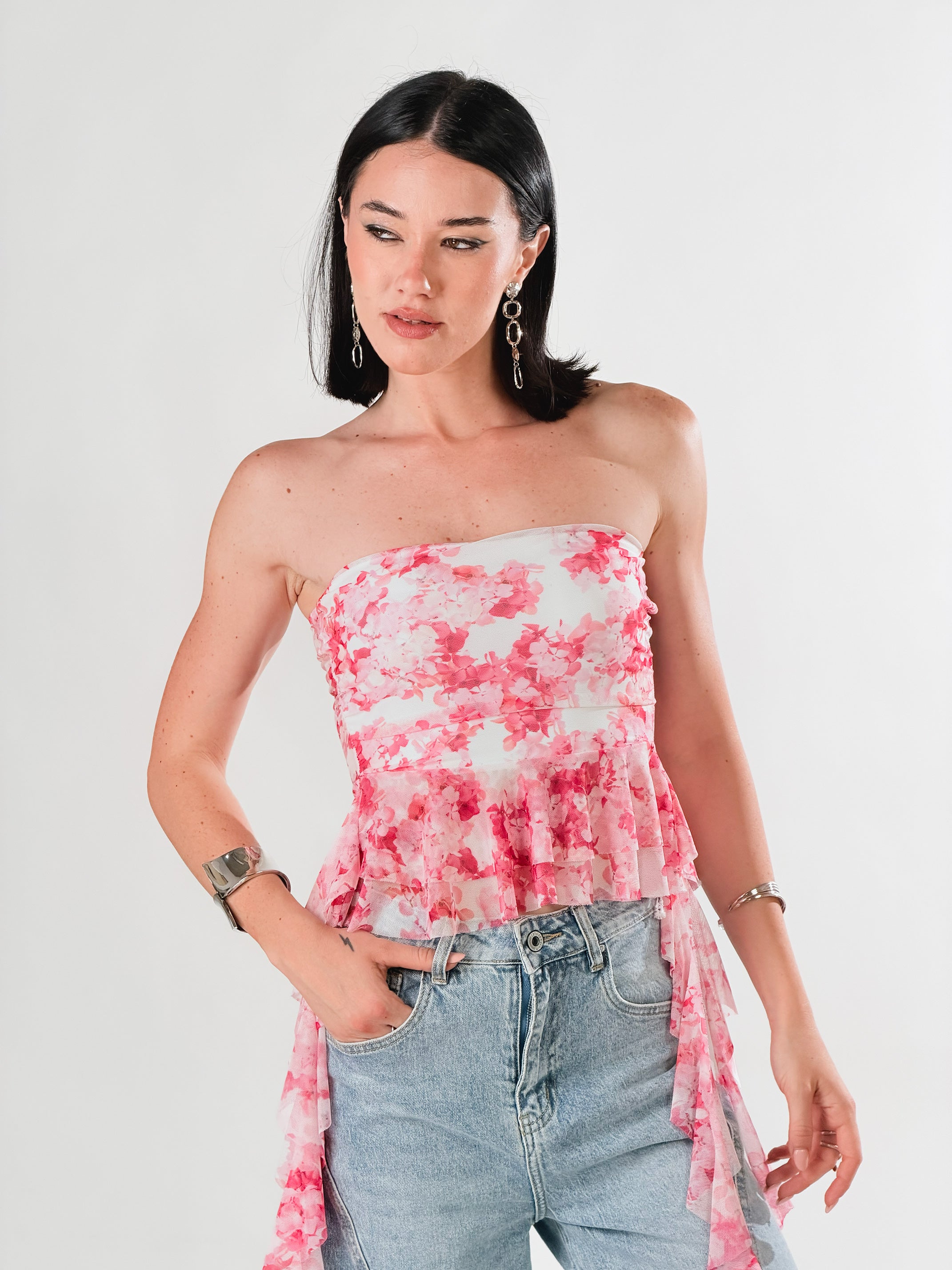 Top a fascia in tulle stampato|Colore:Rosa