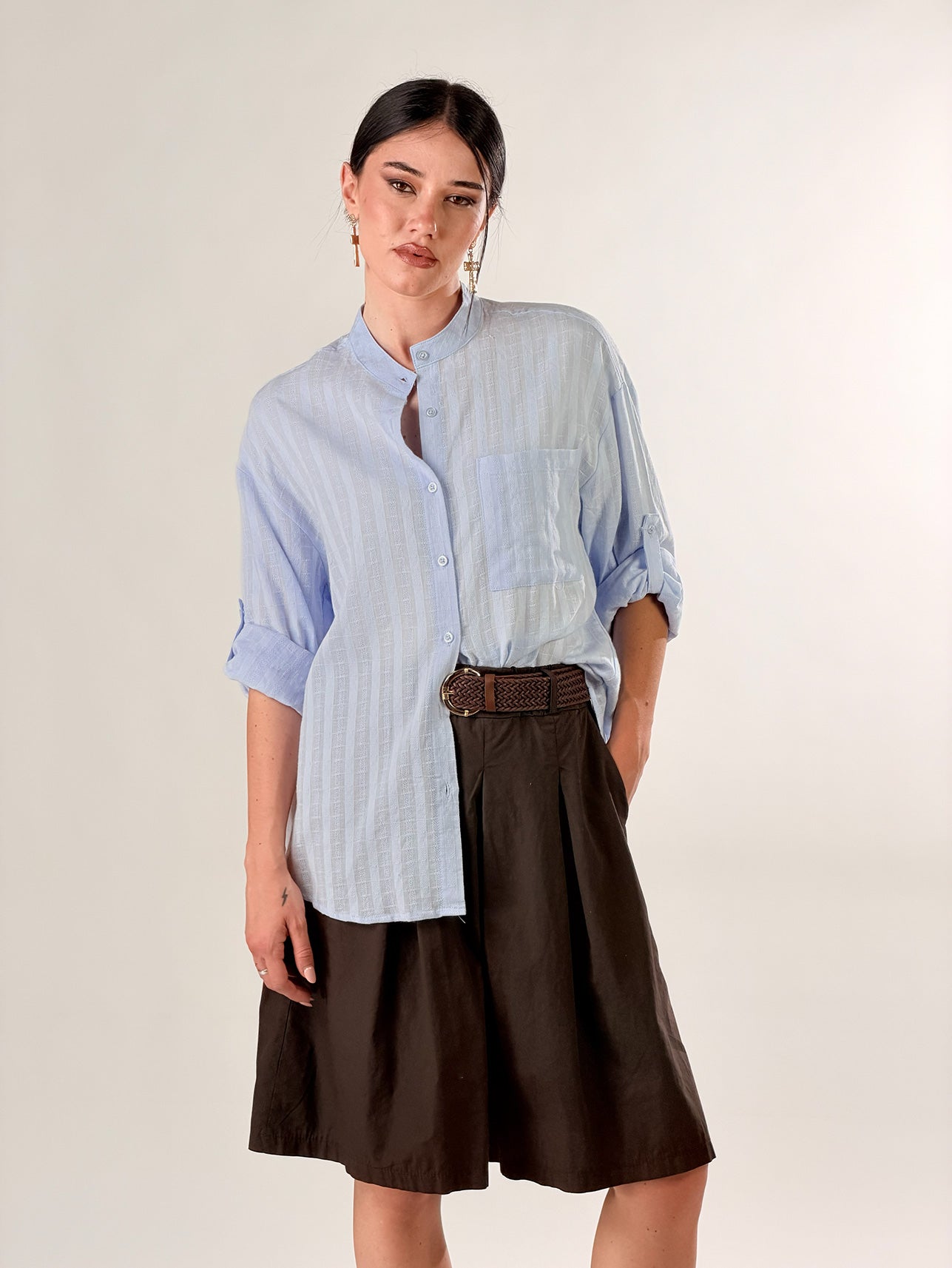 Camicia Coreana con trama |Colore:Azzurro