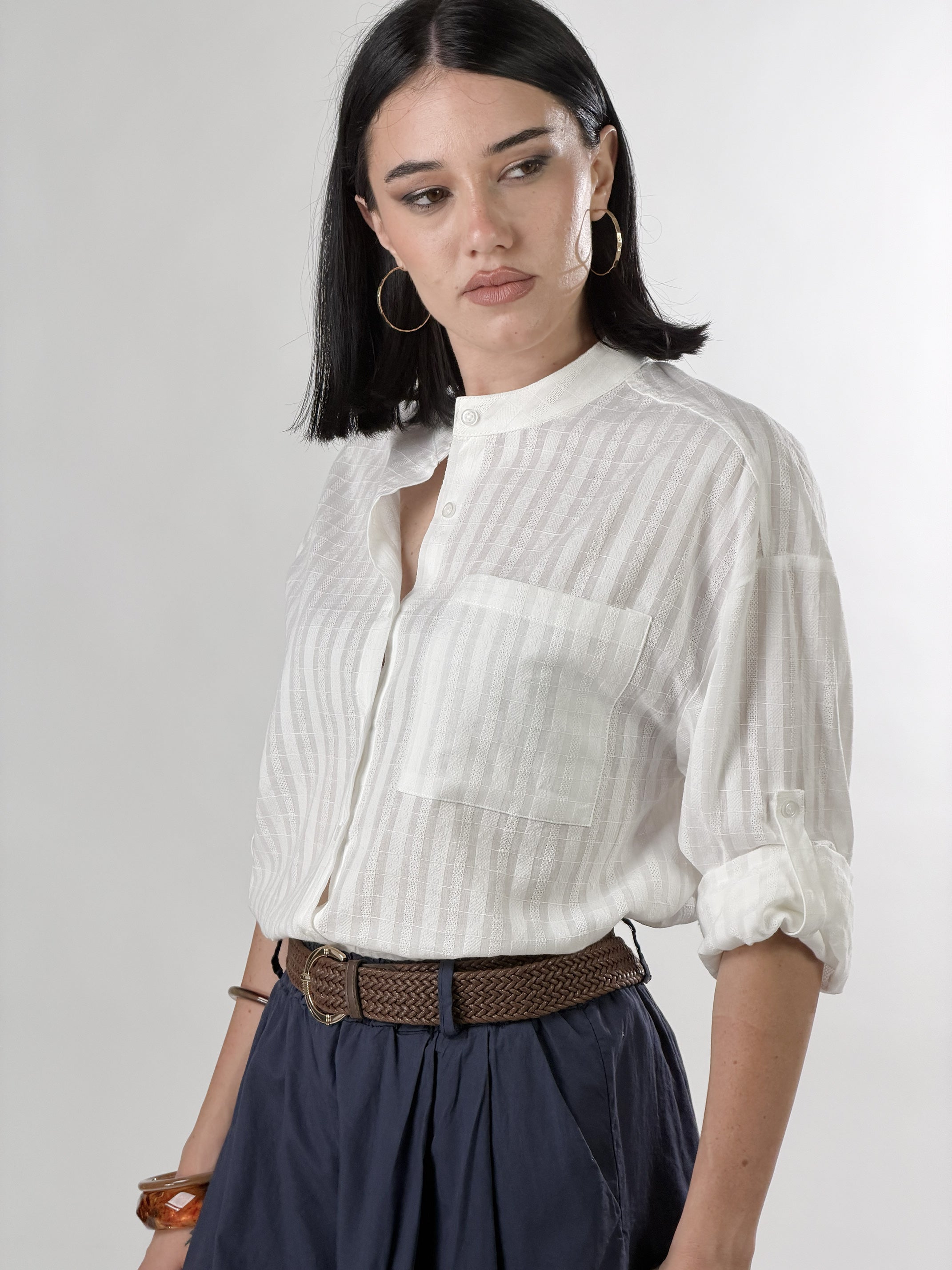 Camicia Coreana con trama |Colore:Bianco