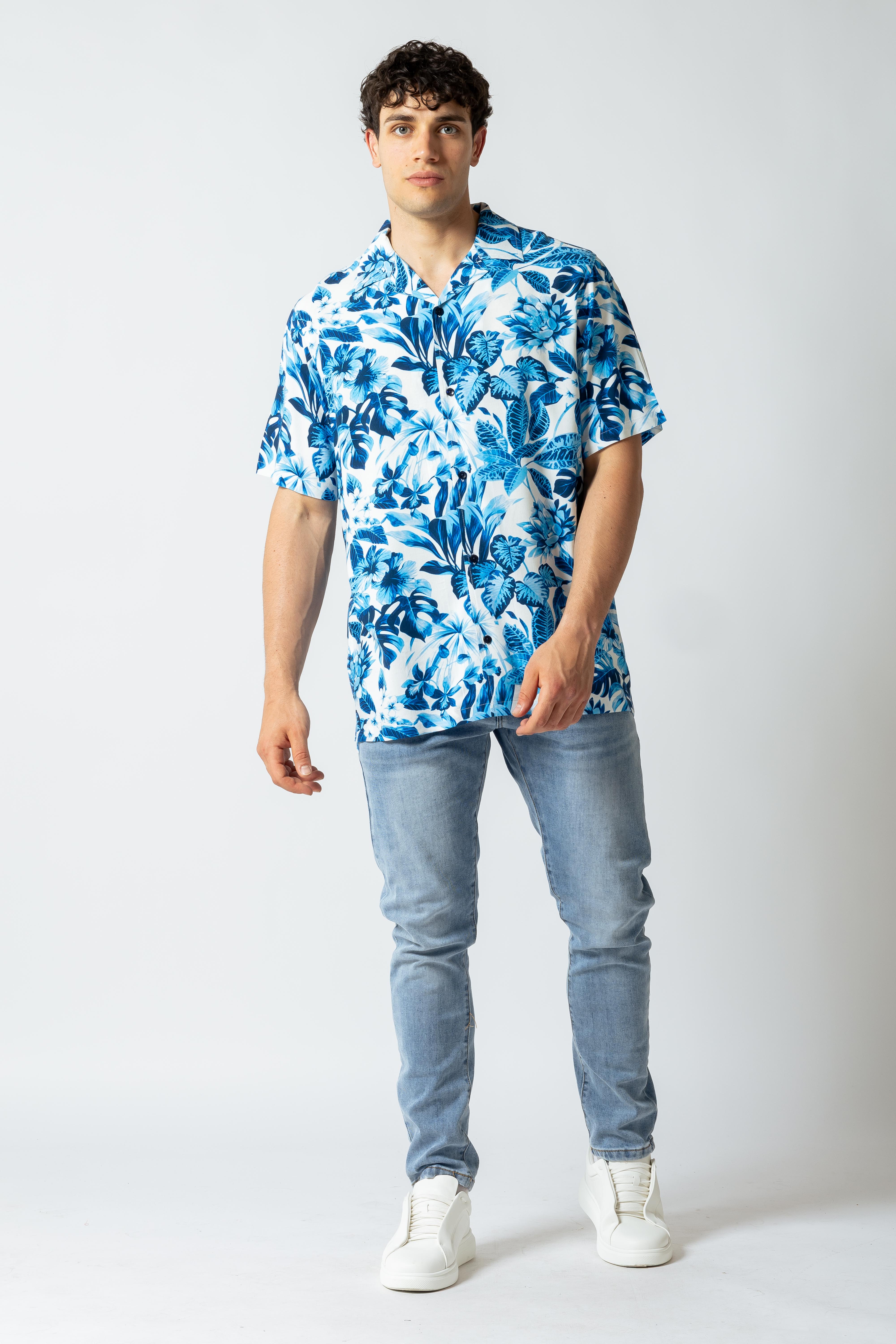 Camicia stampa Hawaiana monocolore|Colore:Bluette