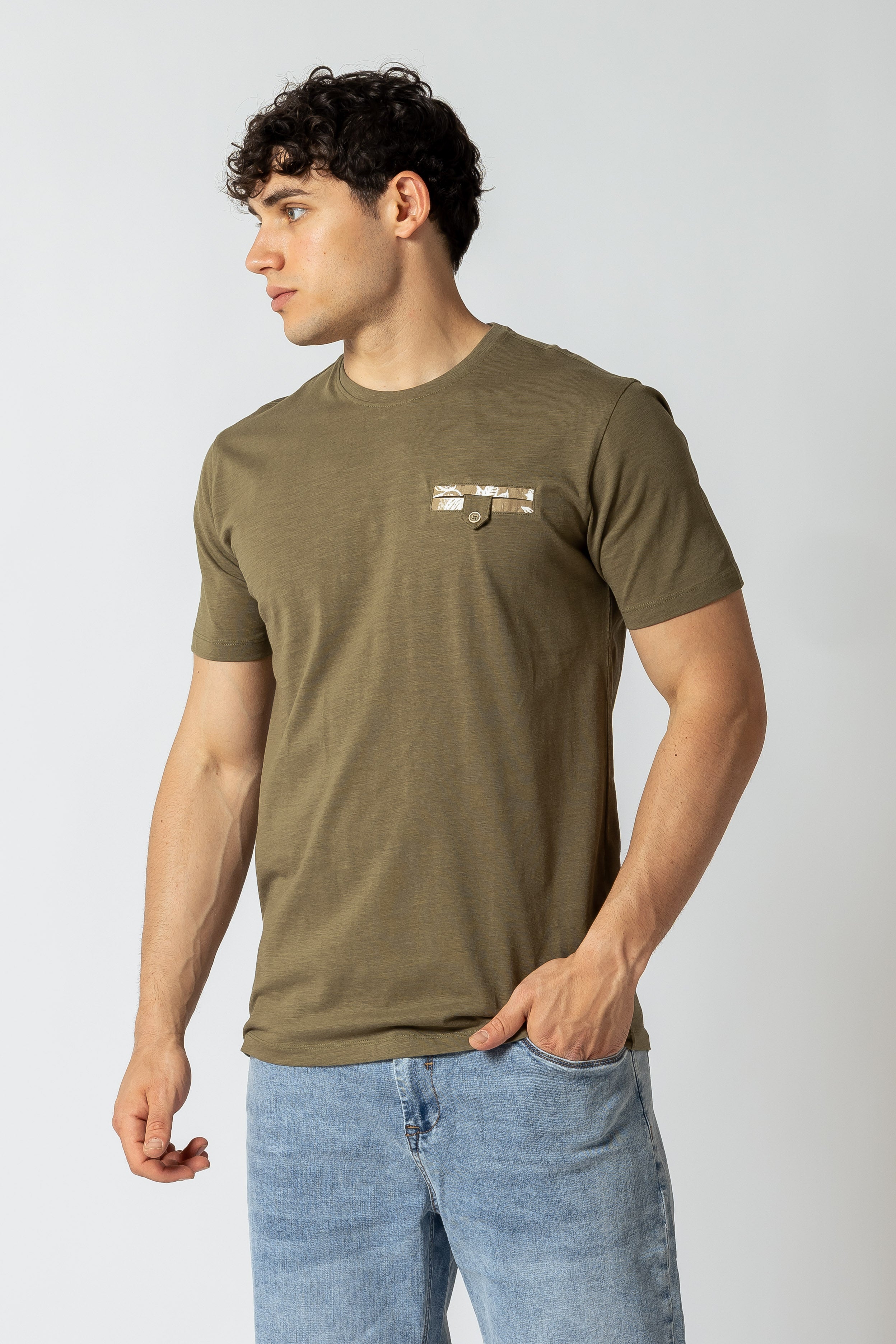 T- Shirt girocollo con taschino|Colore:Verde salvia