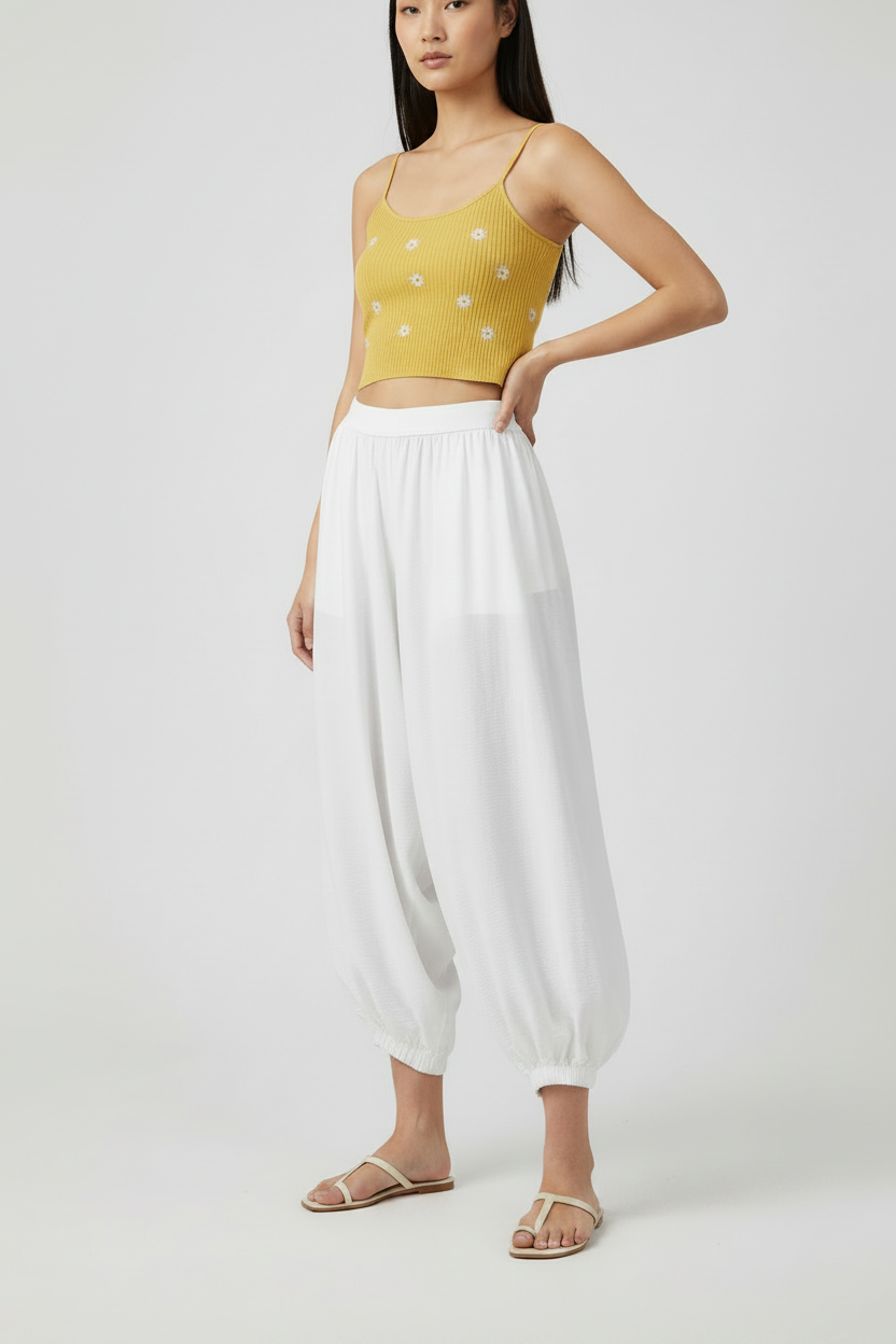 Pantalone harem con elastico alla caviglia|Colore:Panna