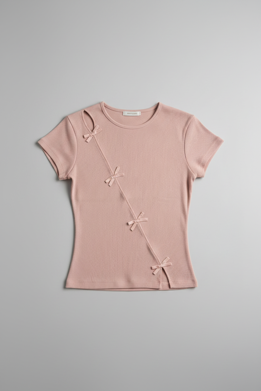 T-Shirt con fiocchi applicati diagonalmente|Colore:Rosa polvere