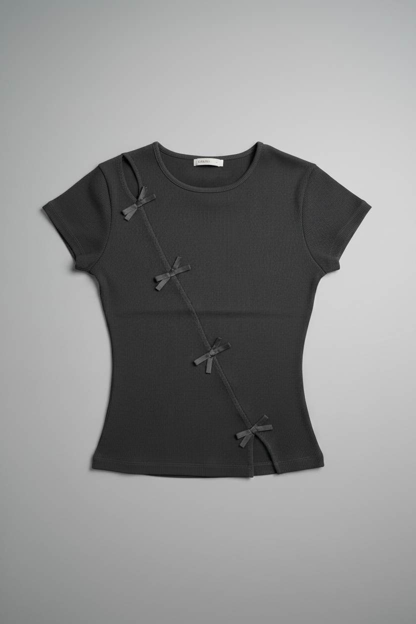 T-Shirt con fiocchi applicati diagonalmente|Colore:Antracite