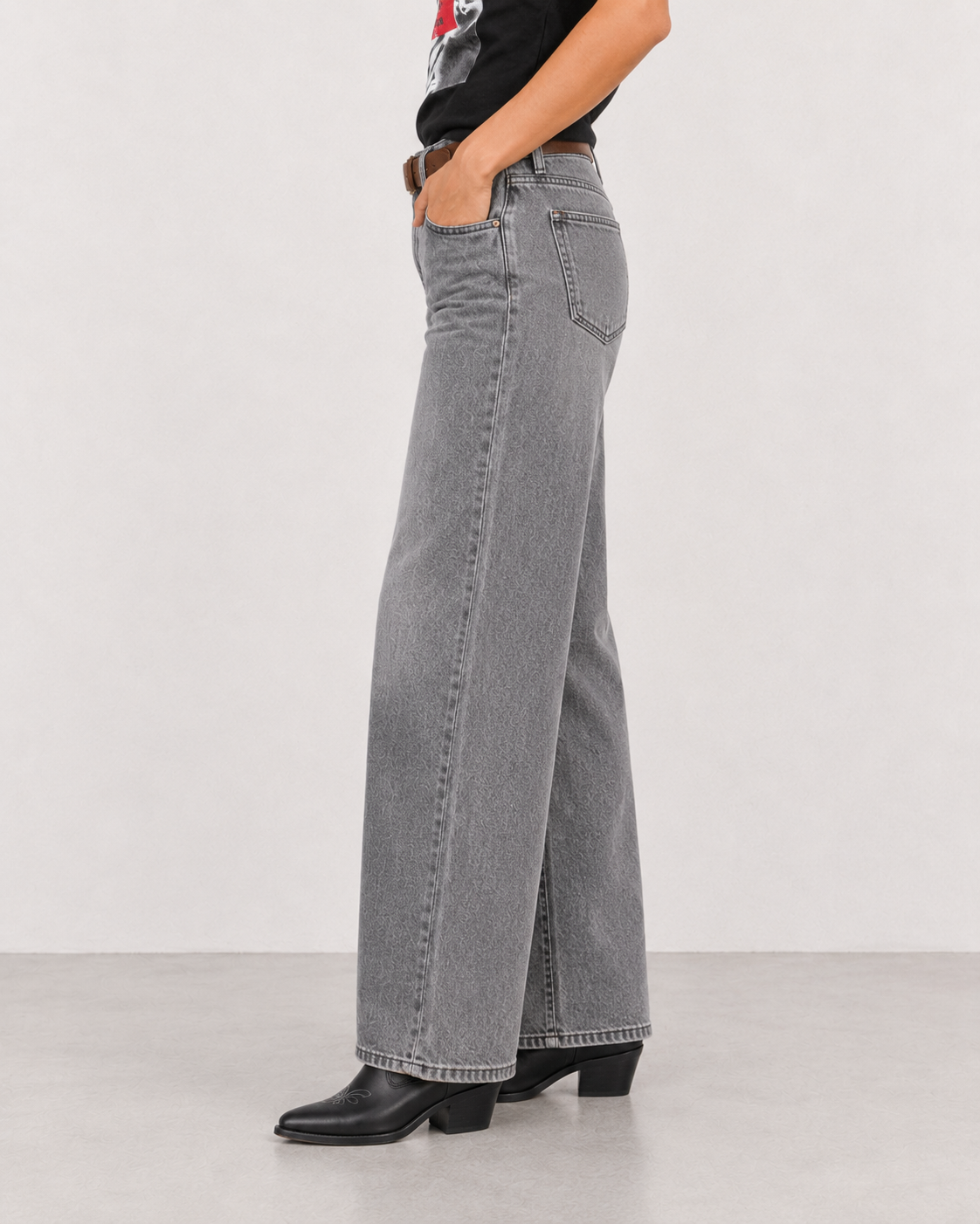 Jeans wide leg con cintura|Colore:Grigio chiaro