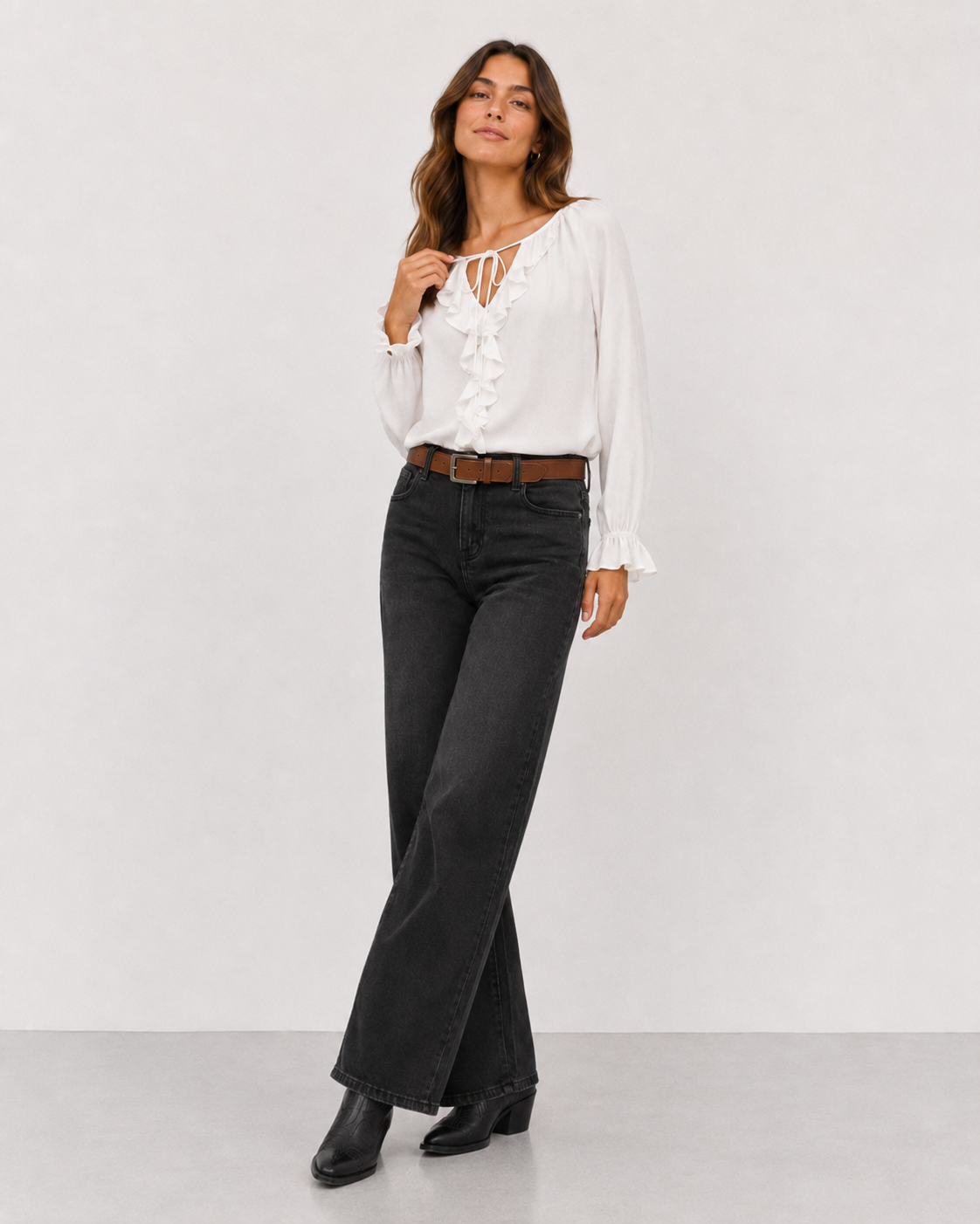 Jeans wide leg con cintura|Colore:Nero