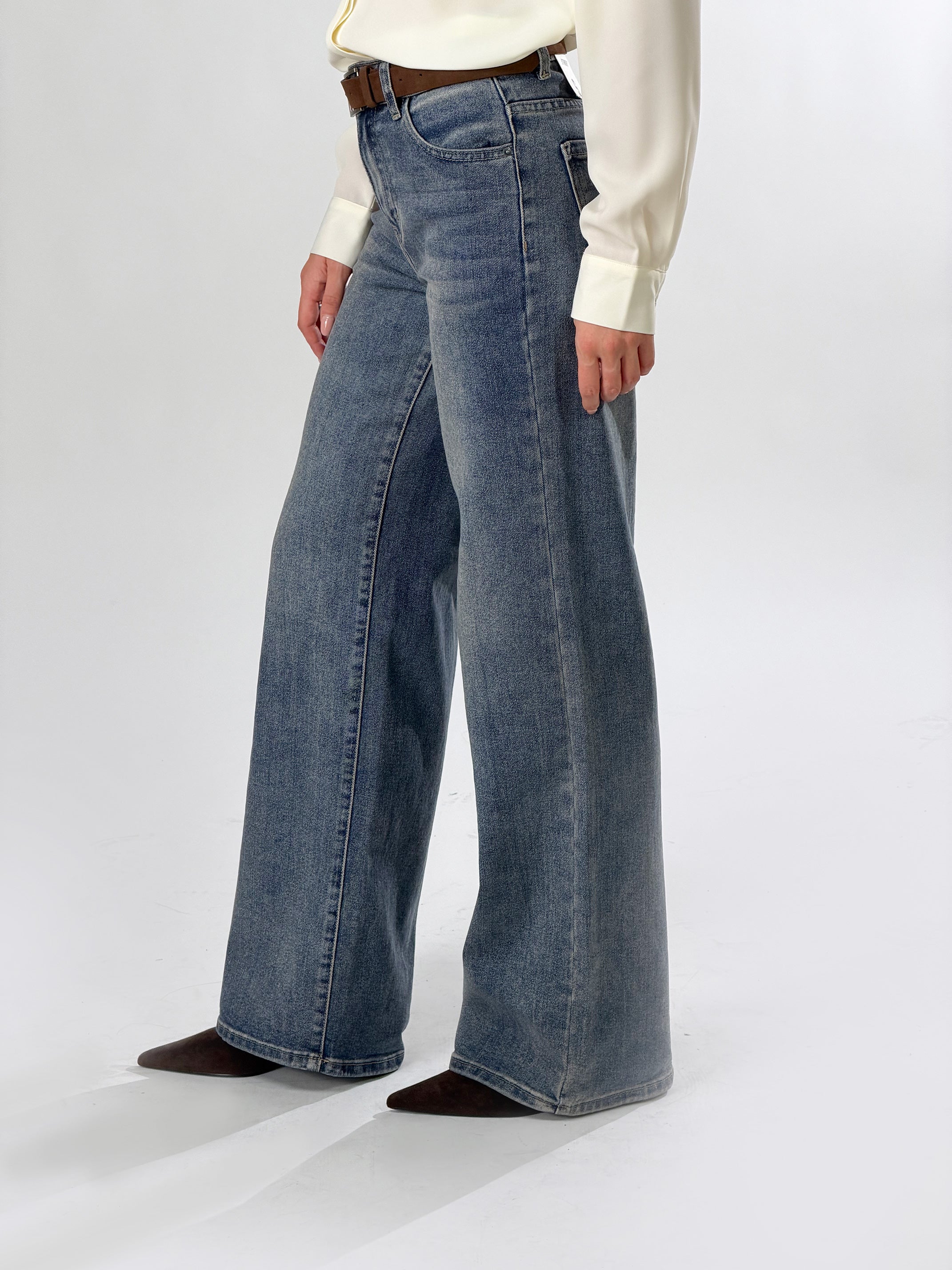 Jeans wide leg con cintura|Colore:Blue invecchiato