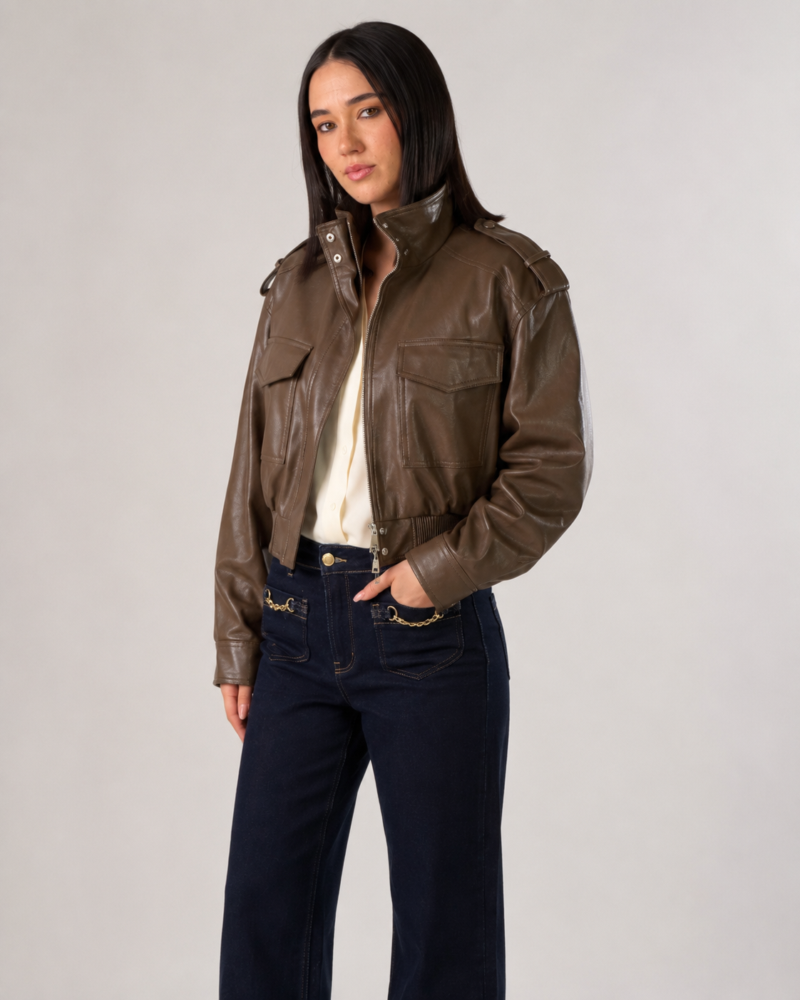 Bomber effetto pelle|Colore:Oliva