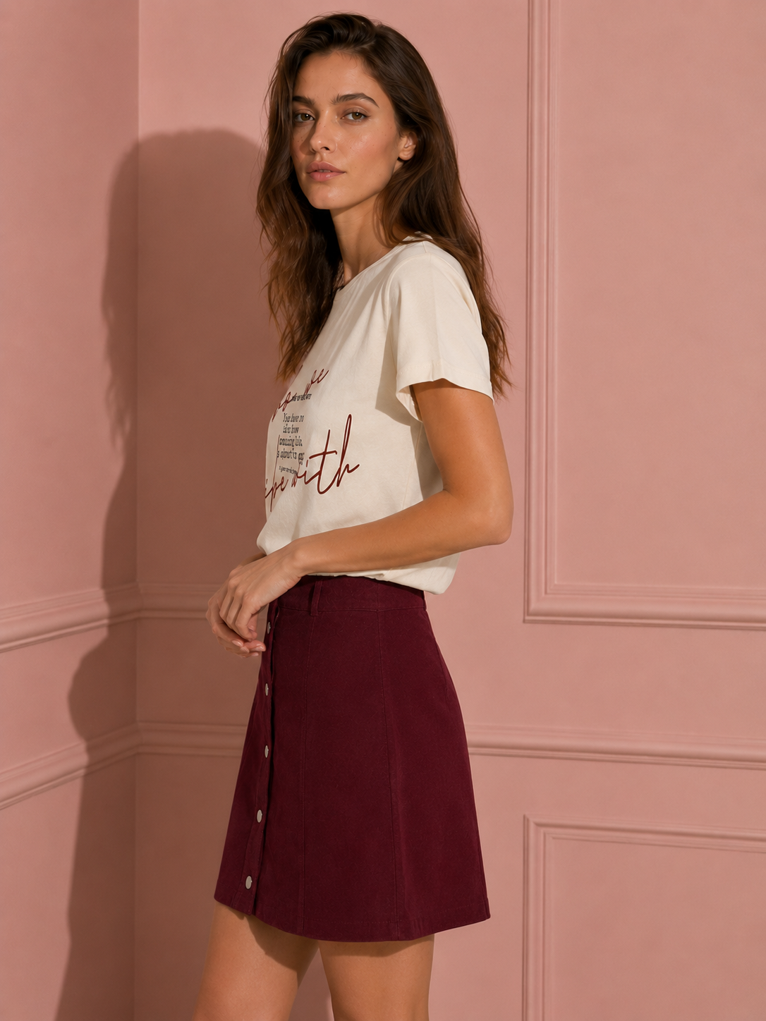 Minigonna effetto suede con bottoni|Colore:Burgundy