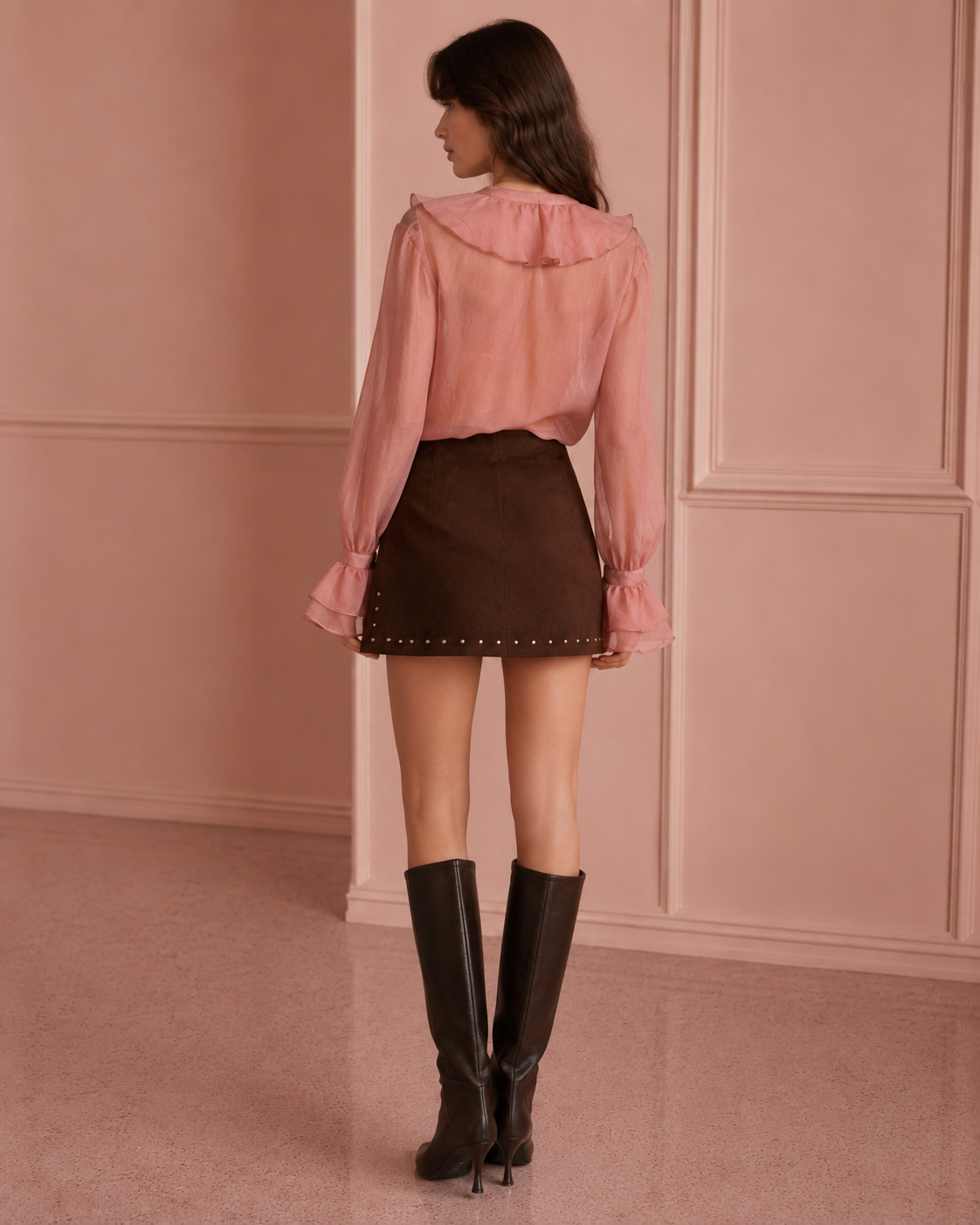 Minigonna effetto suede con micro borchie|Colore:Cioccolato