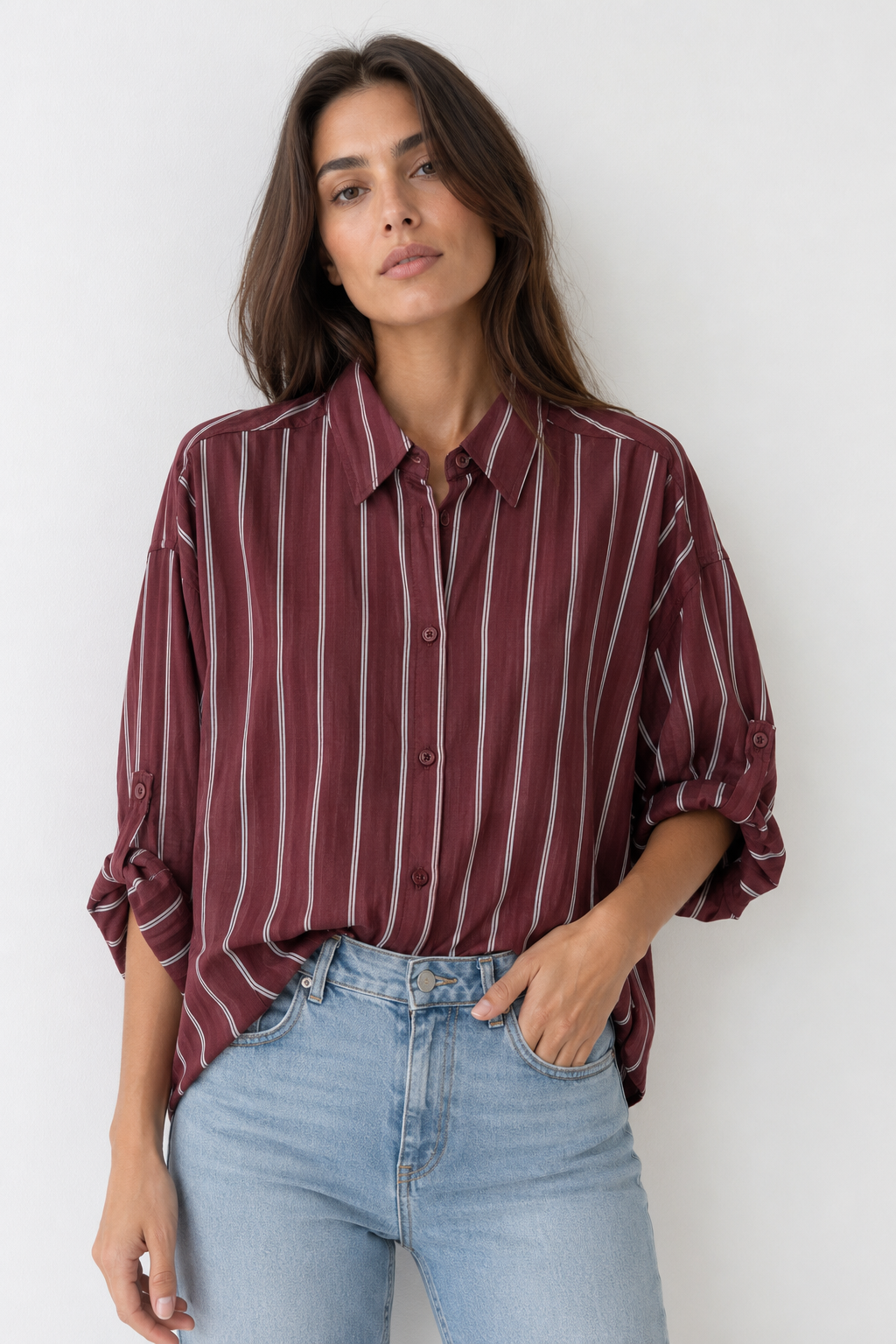 Camicia oversize con sottili righe|Colore:Bordeaux