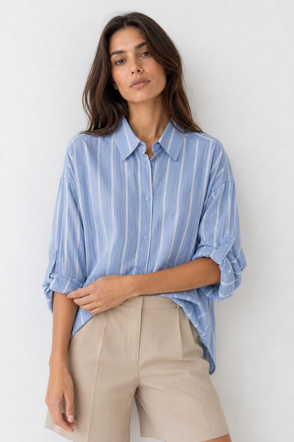 Camicia oversize con sottili righe|Colore:Celeste