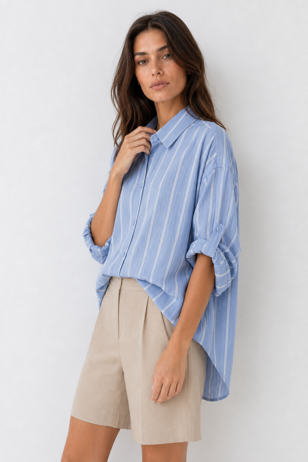 Camicia oversize con sottili righe|Colore:Celeste