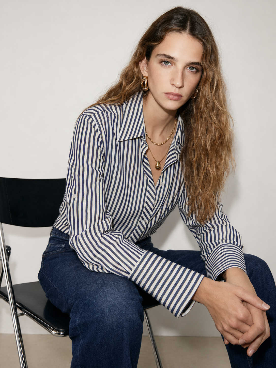 Camicia con filo in lurex oro|Colore:Blu