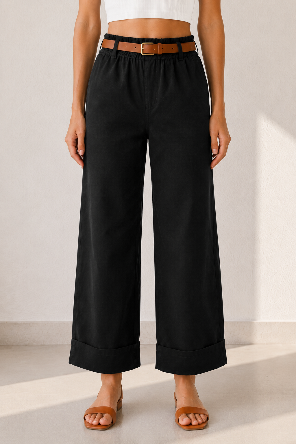 Pantalone con cintura e tasche a filo|Colore:Nero