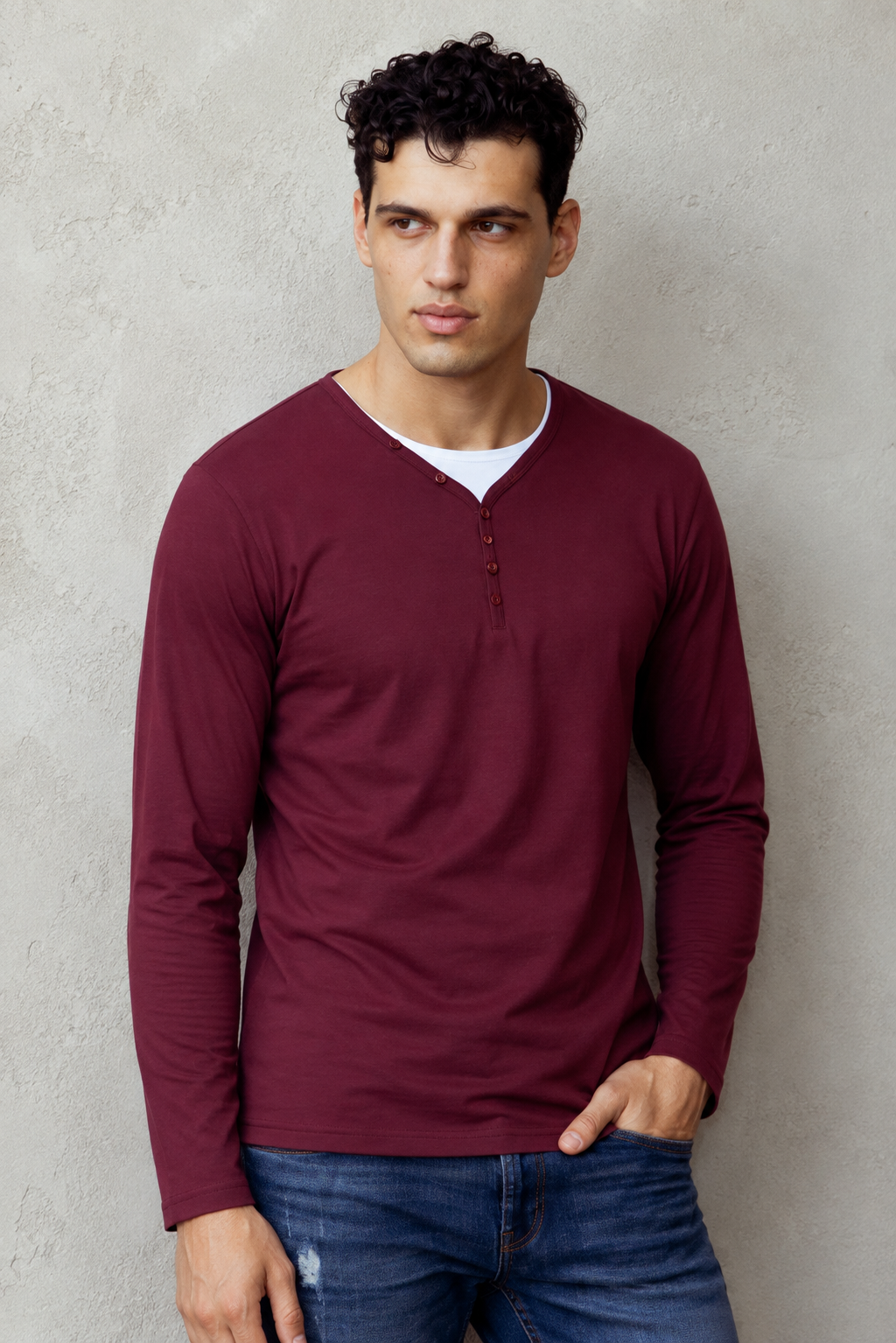 T-shirt serafino e 3 bottoni|Colore:Bordeaux