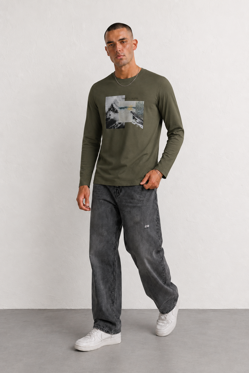 T-shirt manica lunga WANT TO INSPIRE|Colore:Verde militare