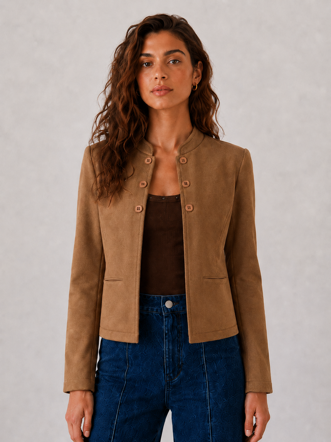 Giacca effetto suede collo coreana |Colore:Cammello