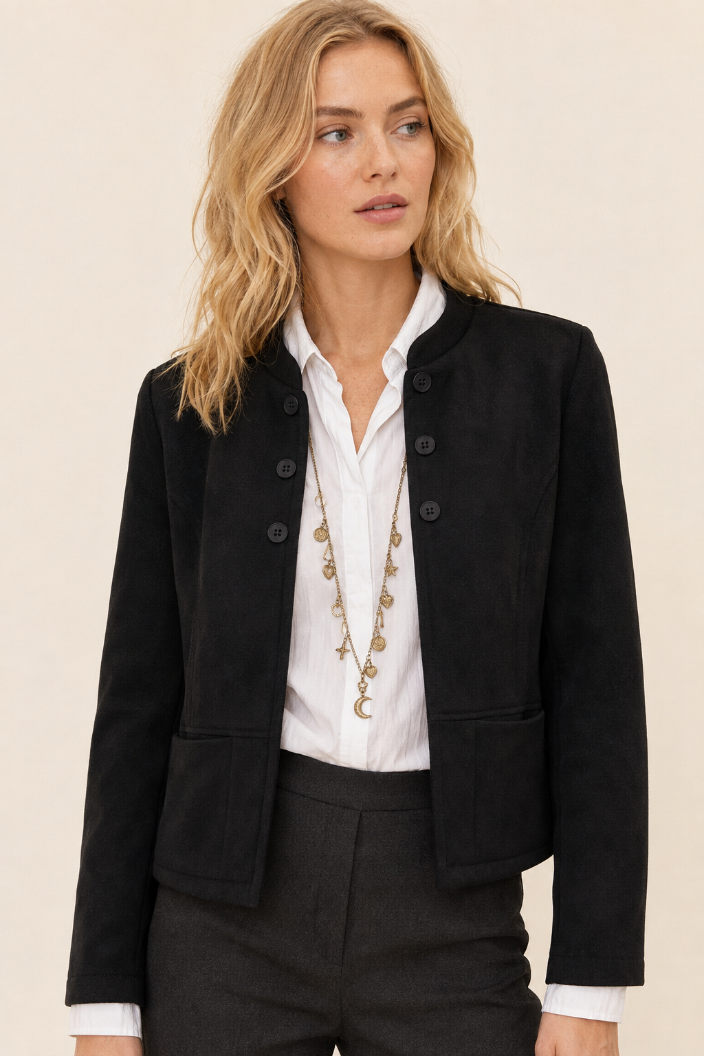Giacca effetto suede collo coreana |Colore:Nero