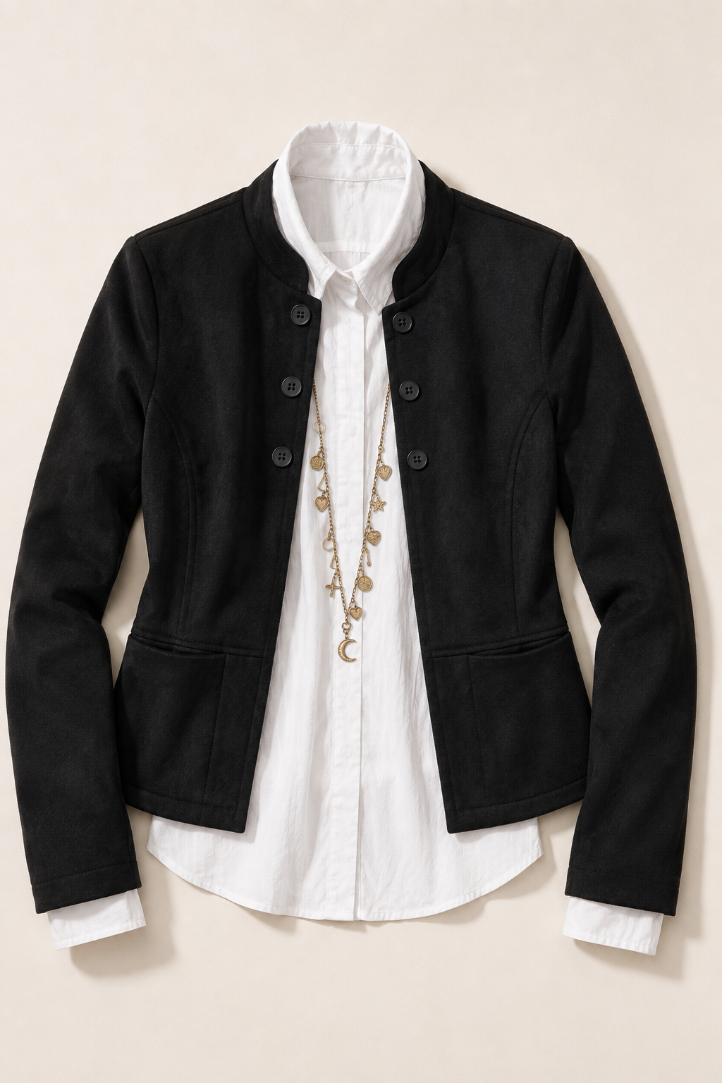 Giacca effetto suede collo coreana |Colore:Nero