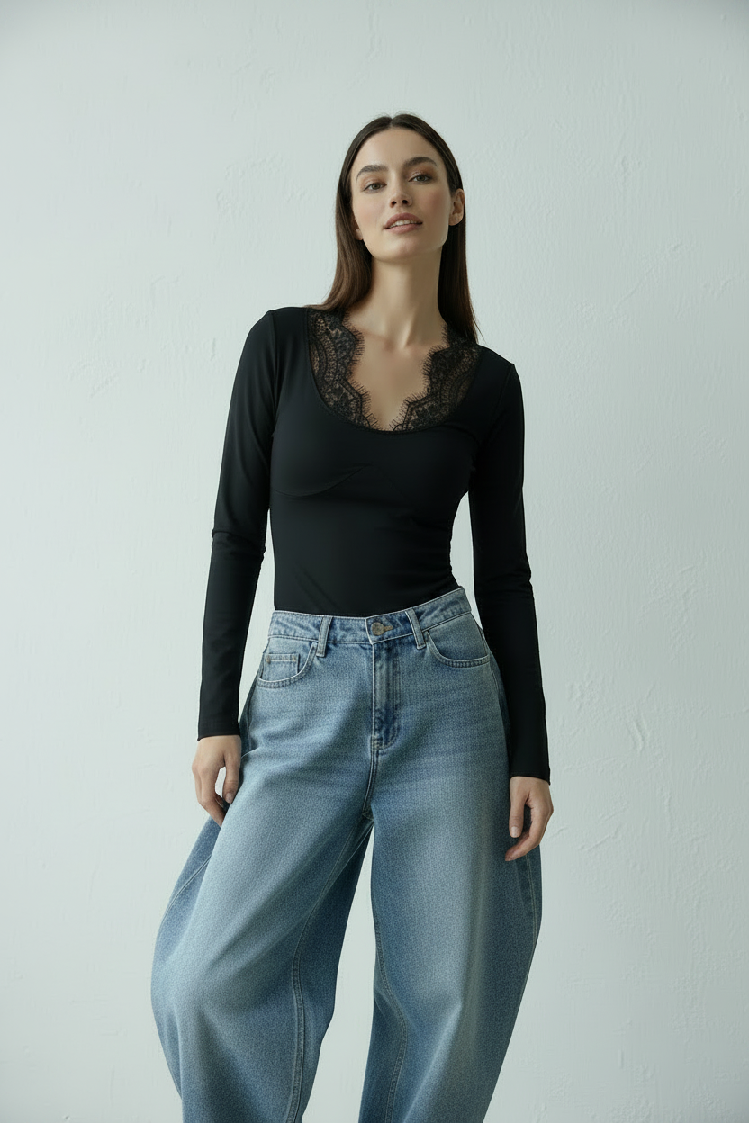 Maglia con inserti in pizzo|Colore:Nero