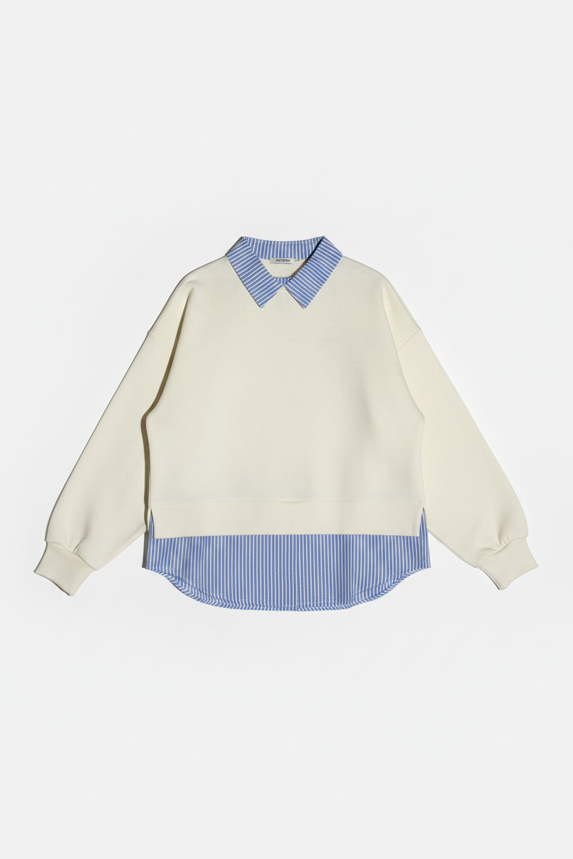 Maglia con inserto camicia a righe|Colore:Avorio