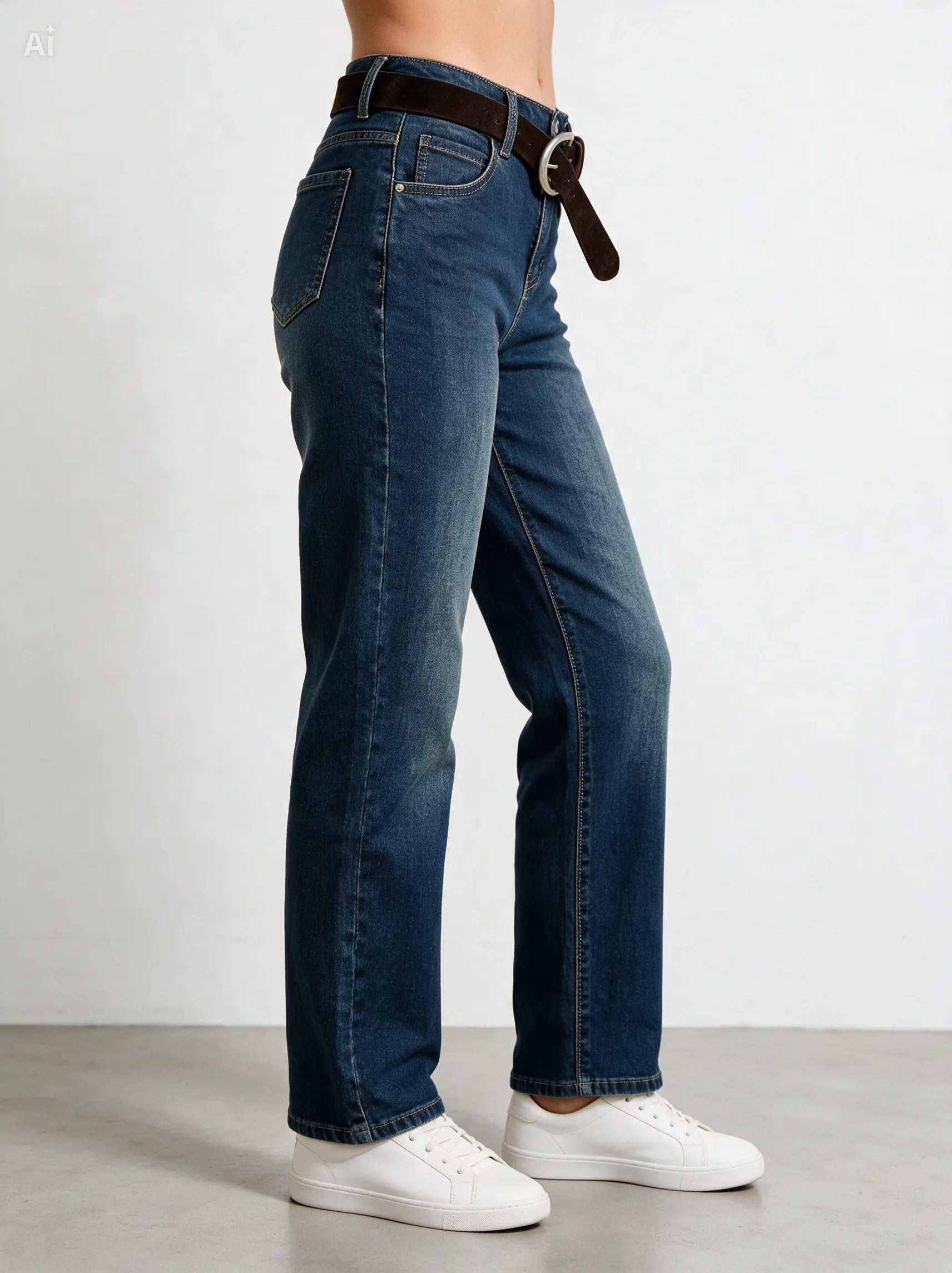 Jeans Straight cropped con cintura|Colore:Blue invecchiato