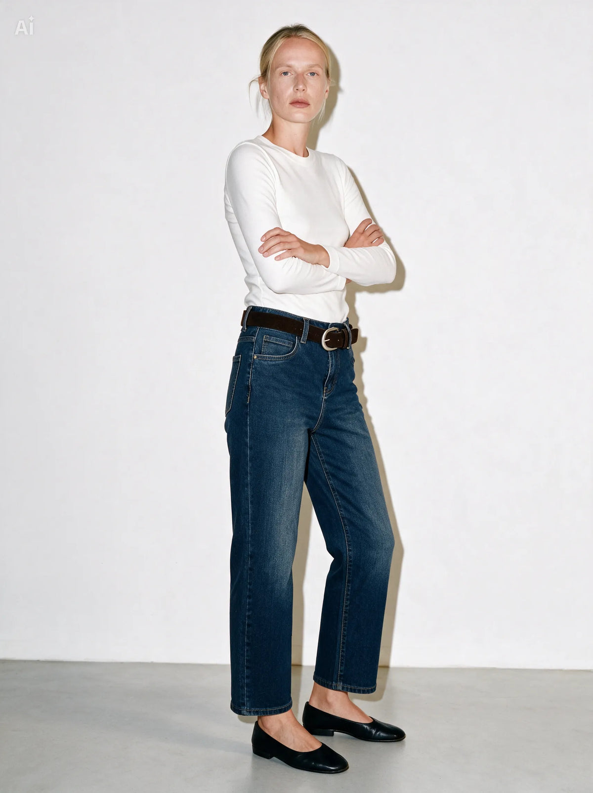 Jeans Straight cropped con cintura|Colore:Blue invecchiato
