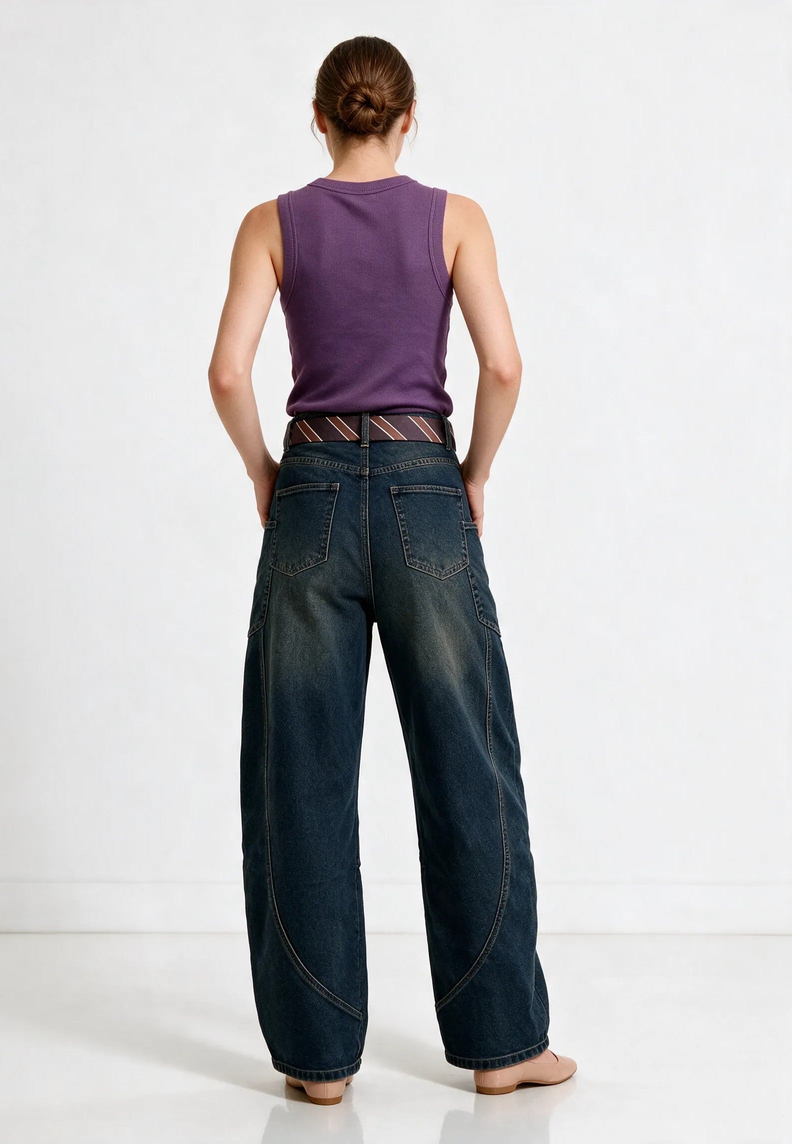 Jeans Wide Leg sabbiato con Cintura a Cravatta|Colore:Lavaggio invecchiato