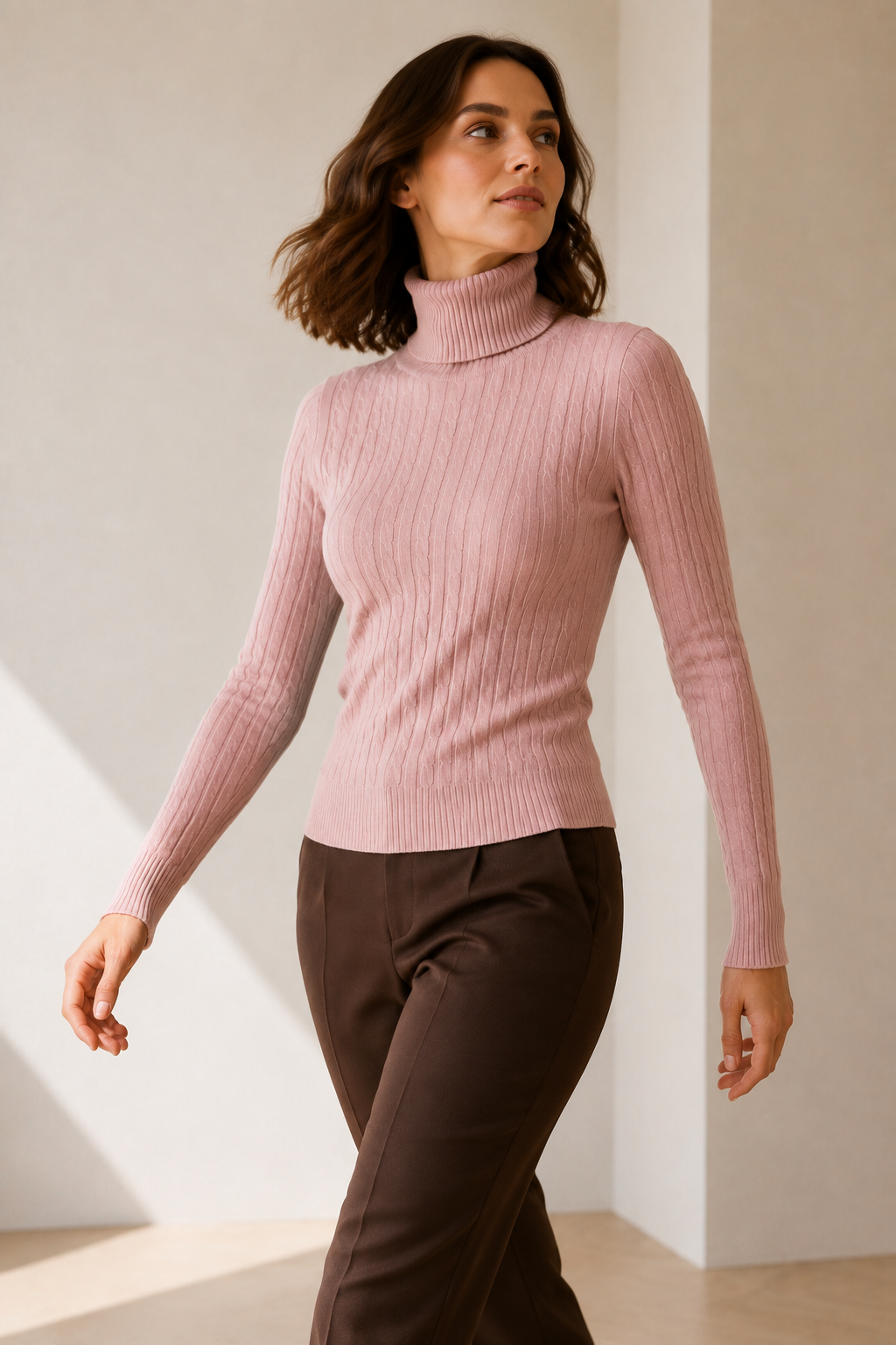 Maglia collo alto a trecce|Colore:Rosa polvere