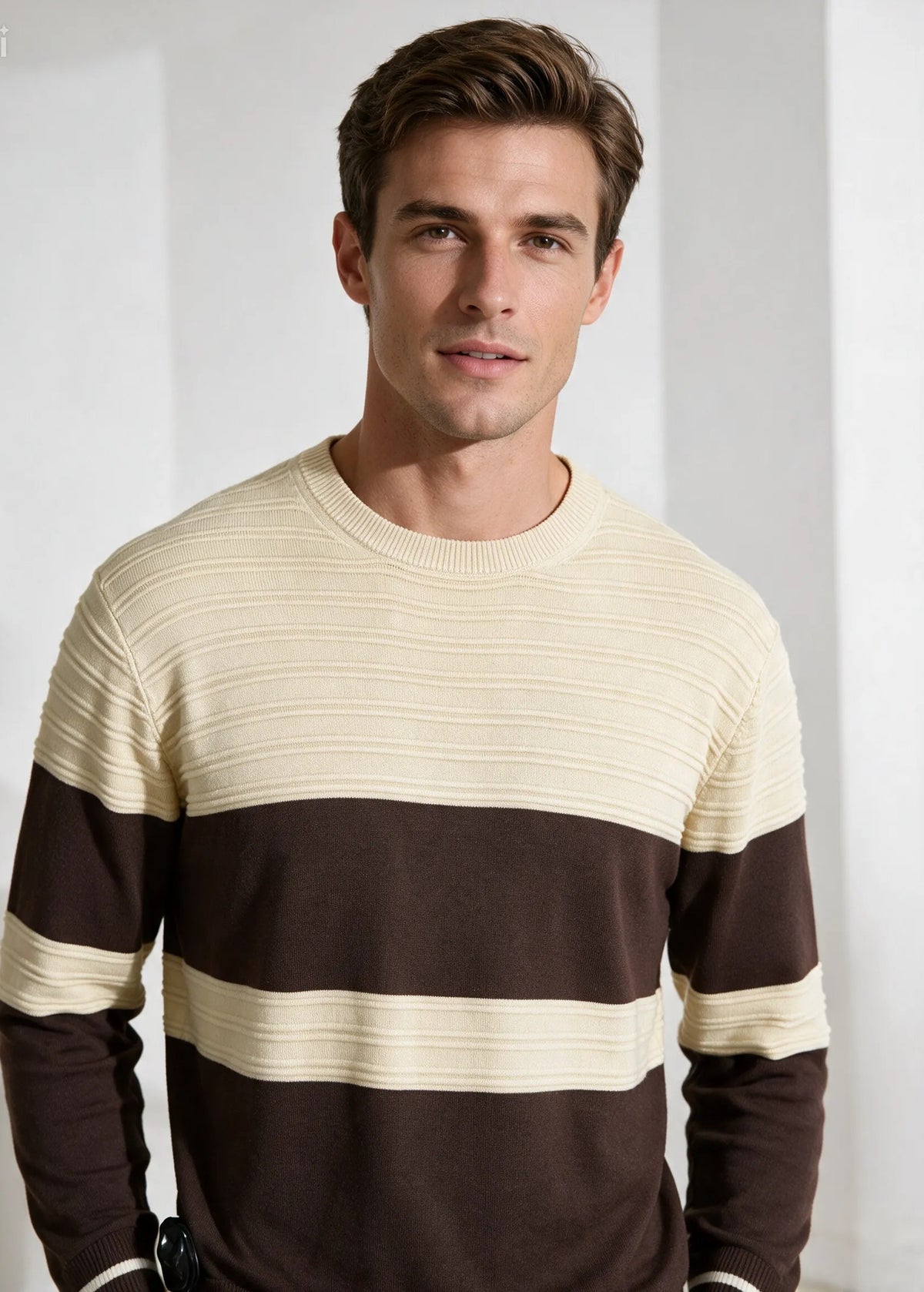 maglione girocollo strutturato a fasce|Colore:Sand/chocolate brown