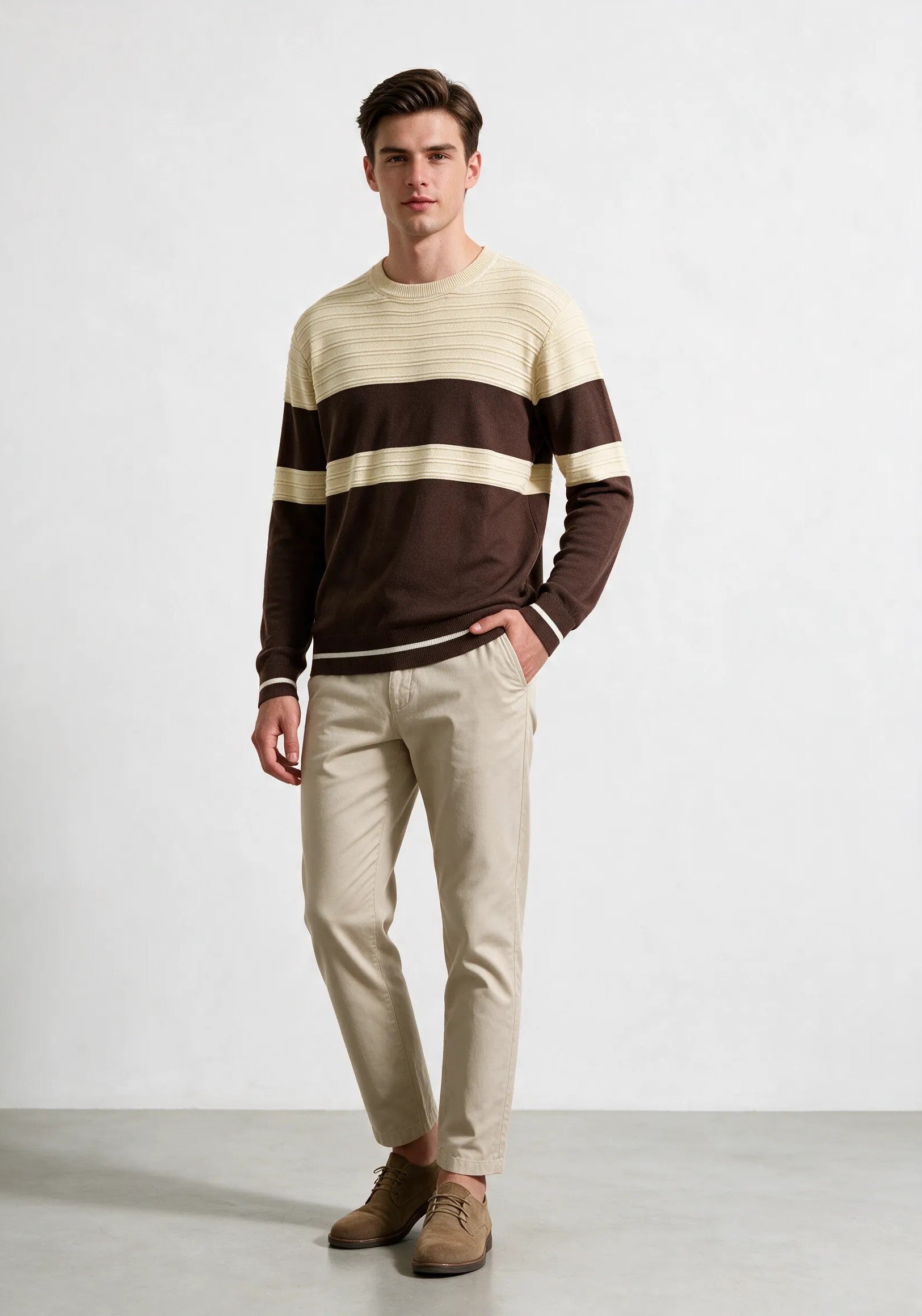 maglione girocollo strutturato a fasce|Colore:Sand/chocolate brown