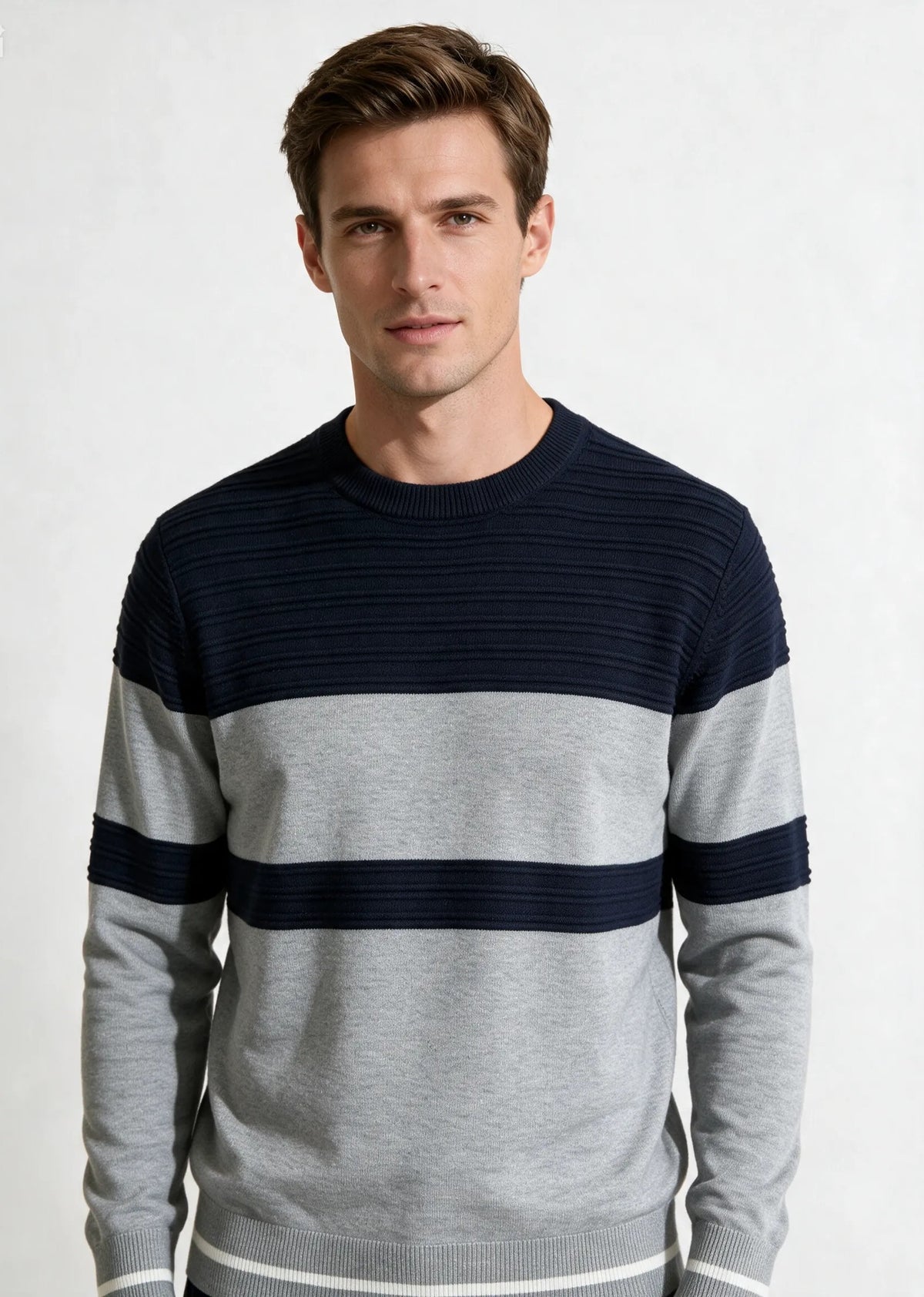 maglione girocollo strutturato a fasce|Colore:Blue navy/medium gray melange