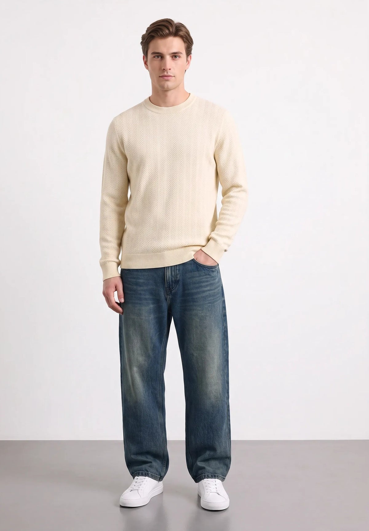Maglia grircollo con lavorazione tono su tono|Colore:Sand