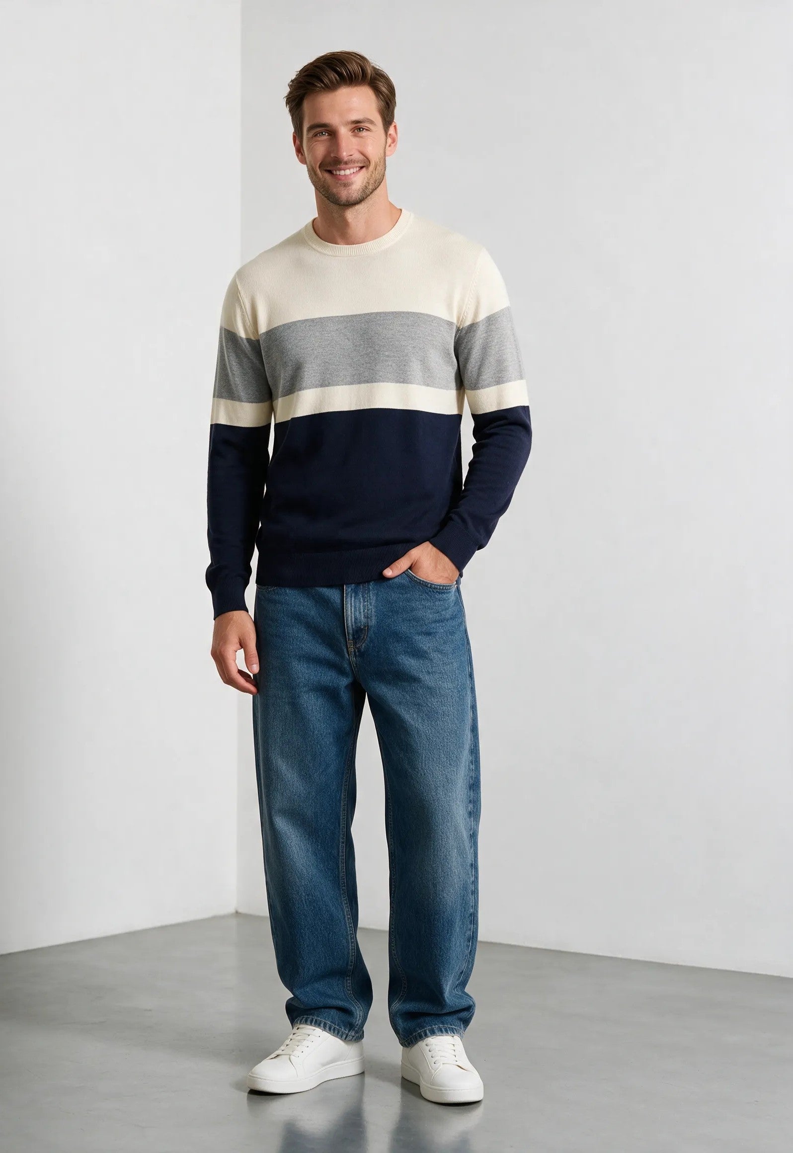 Maglia girocollo a fasce irregolari|Colore:Medium grey melange