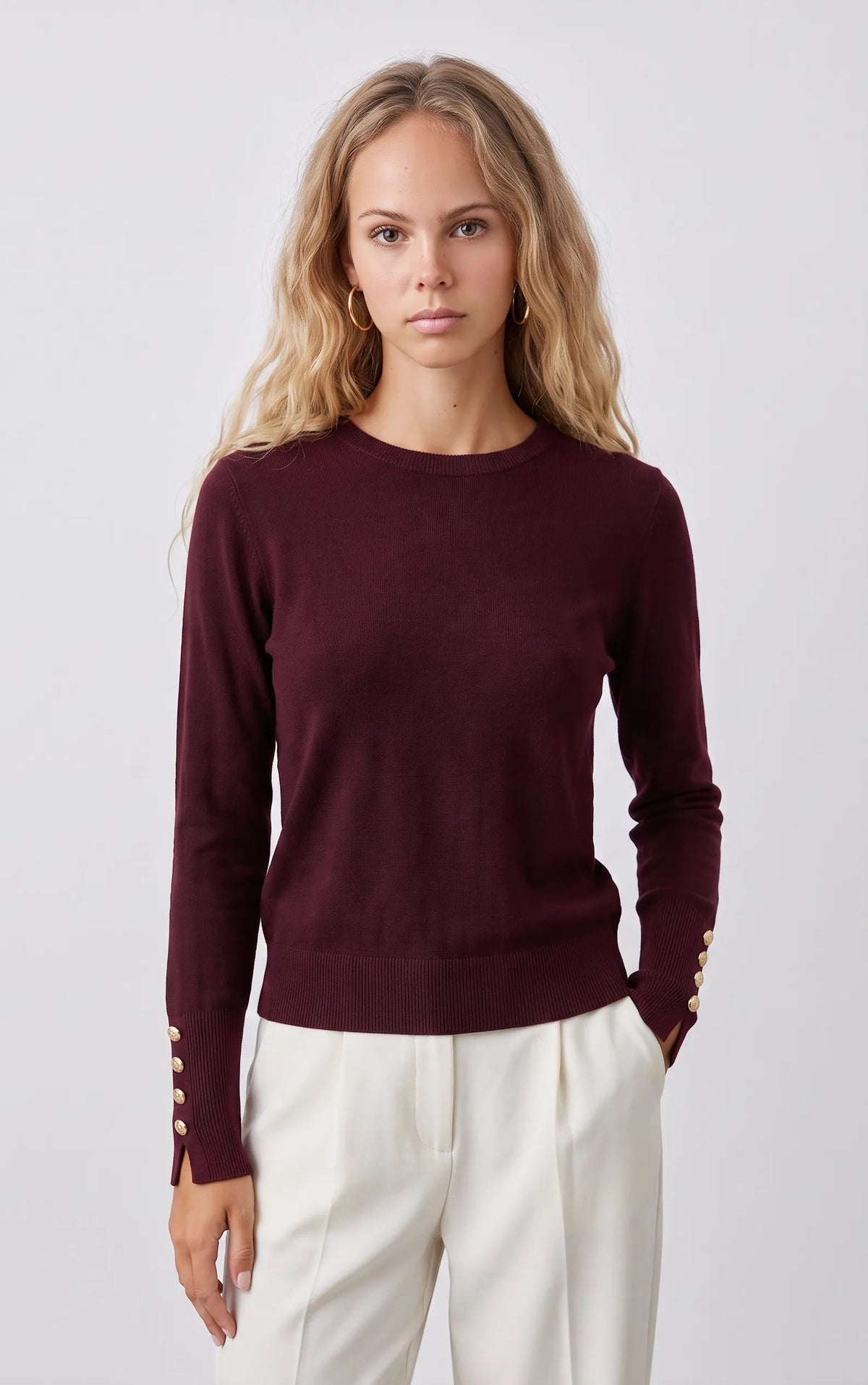 Maglia con bottoni decorativi ai polsi|Colore:Burgundy