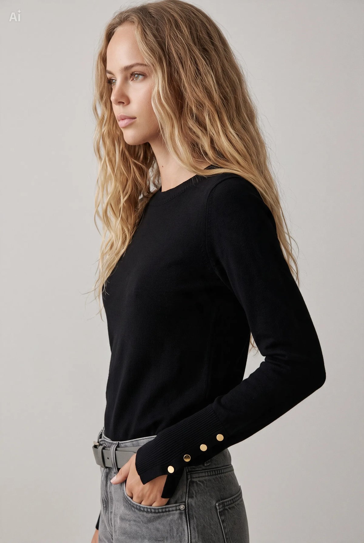 Maglia con bottoni decorativi ai polsi|Colore:Nero