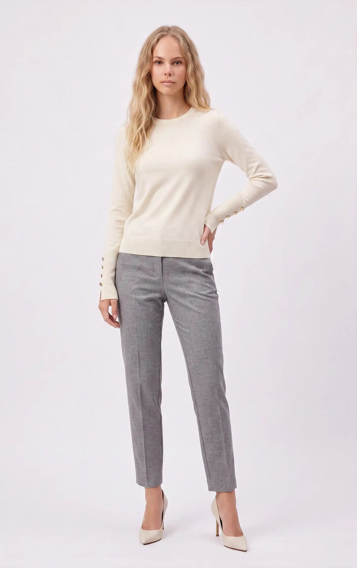 Maglia con bottoni decorativi ai polsi|Colore:Latte