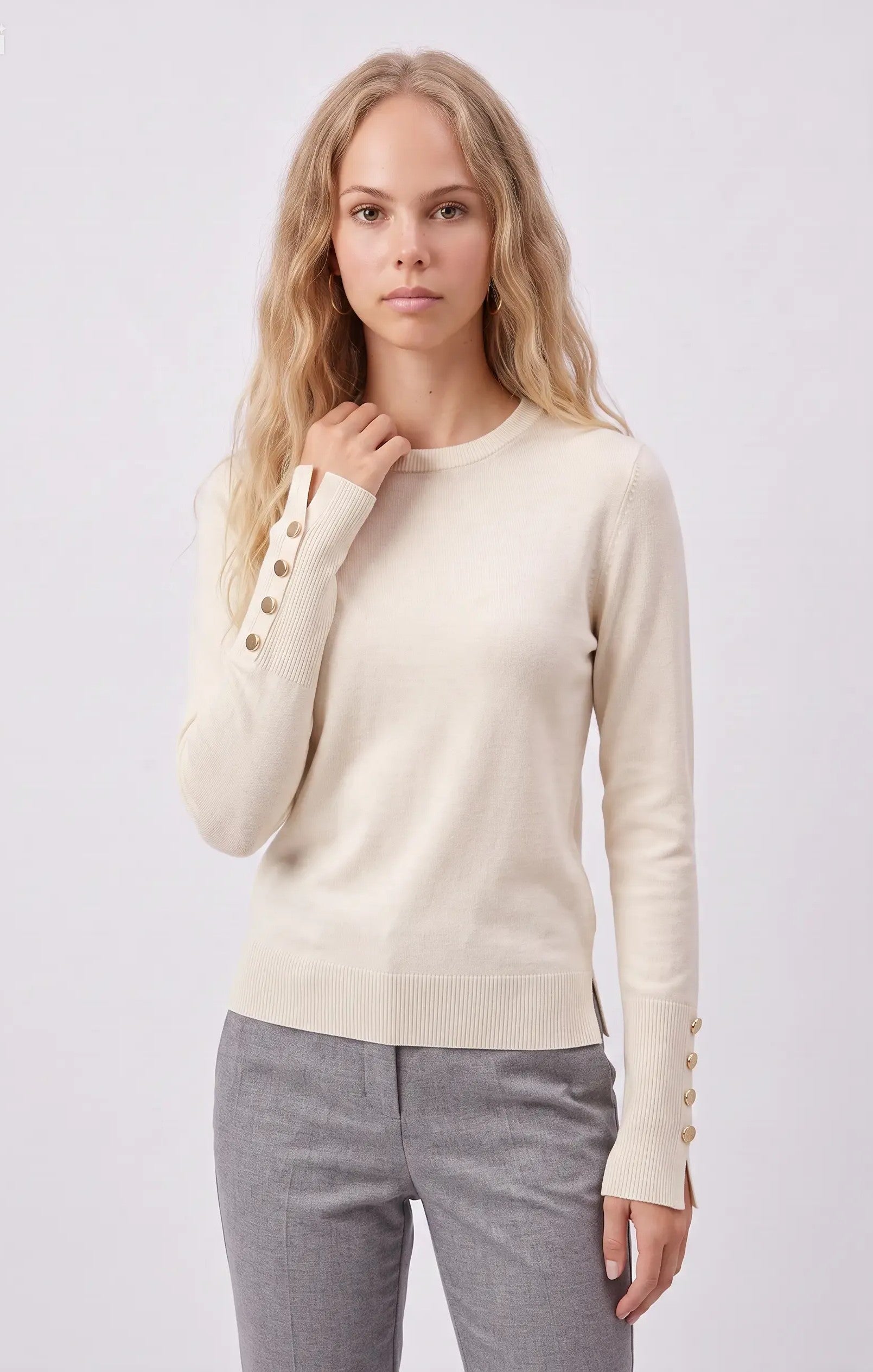Maglia con bottoni decorativi ai polsi|Colore:Latte