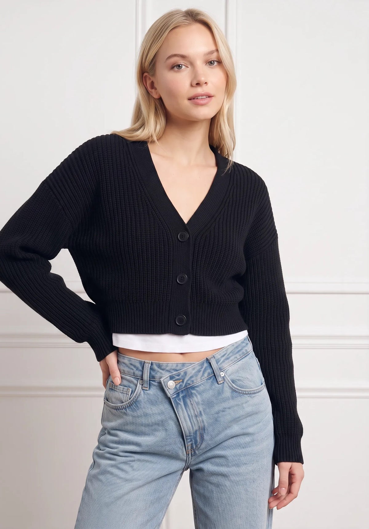 Cardigan con un profondo scollo a V ri|Colore:Nero