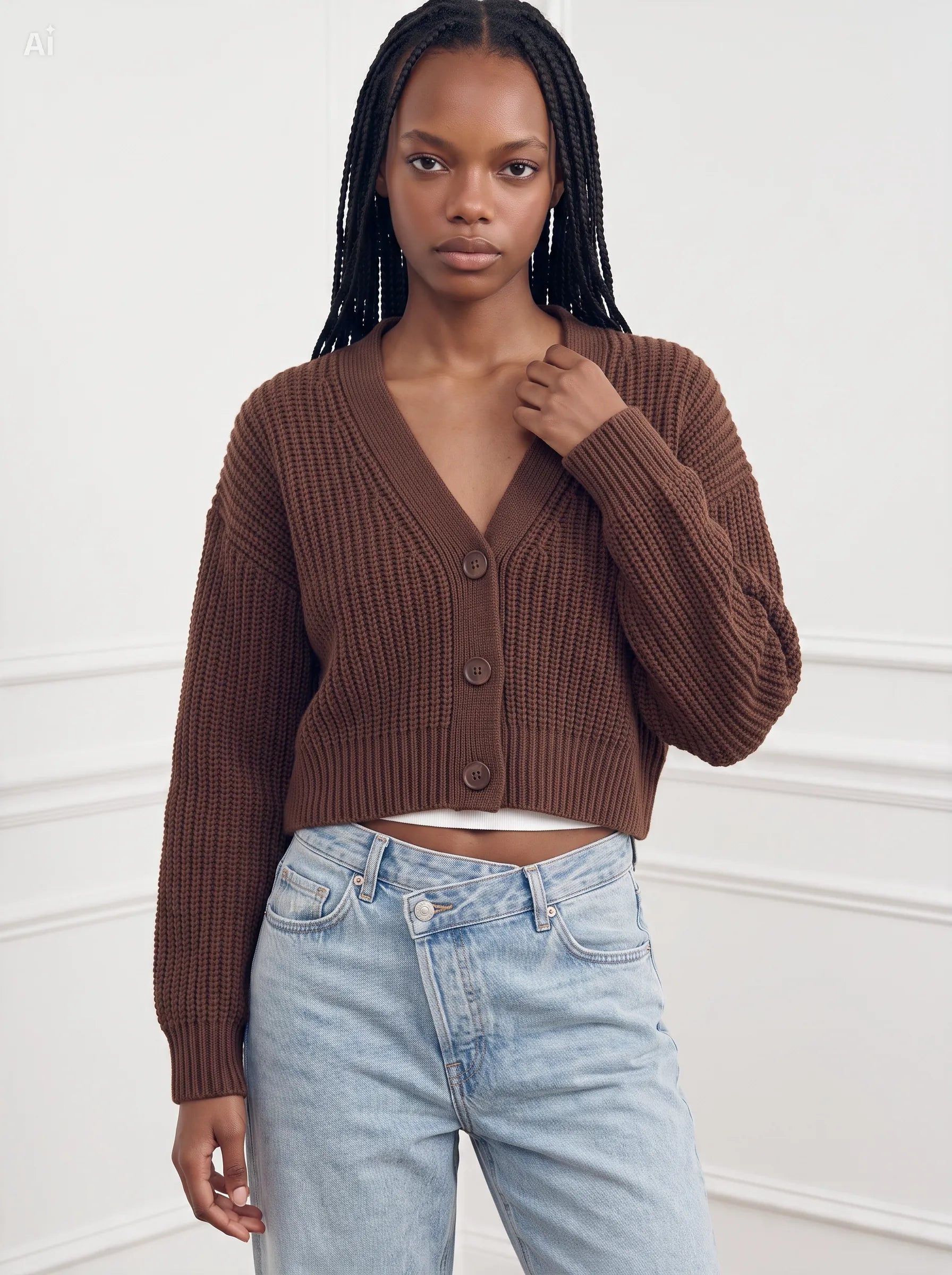 Cardigan con un profondo scollo a V ri|Colore:Marrone